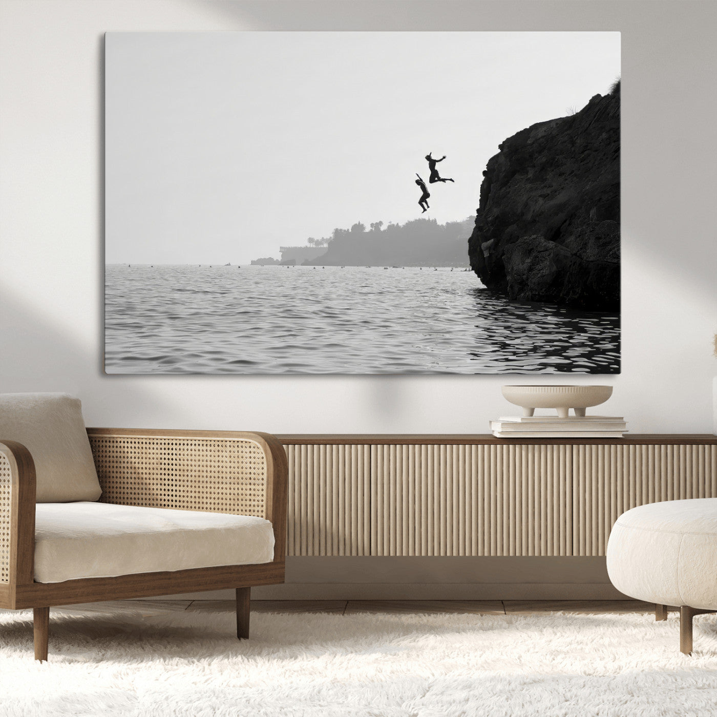 52284302-MGV-CV-36X24-Cliff Jumping Wall Art Canvas Print, Framed Ocean Adventure Art Picture Print, Black White Coast Perfect Modern Coastal Decor