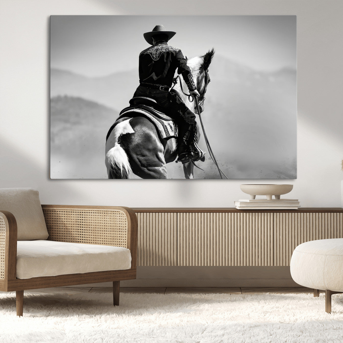 83102464-MGV-CV-36X24-Western Cowboy Wall Art Canvas Print, Framed Monochrome Horse Art Picture Print, Western Equestrian Perfect Rustic Western Decor