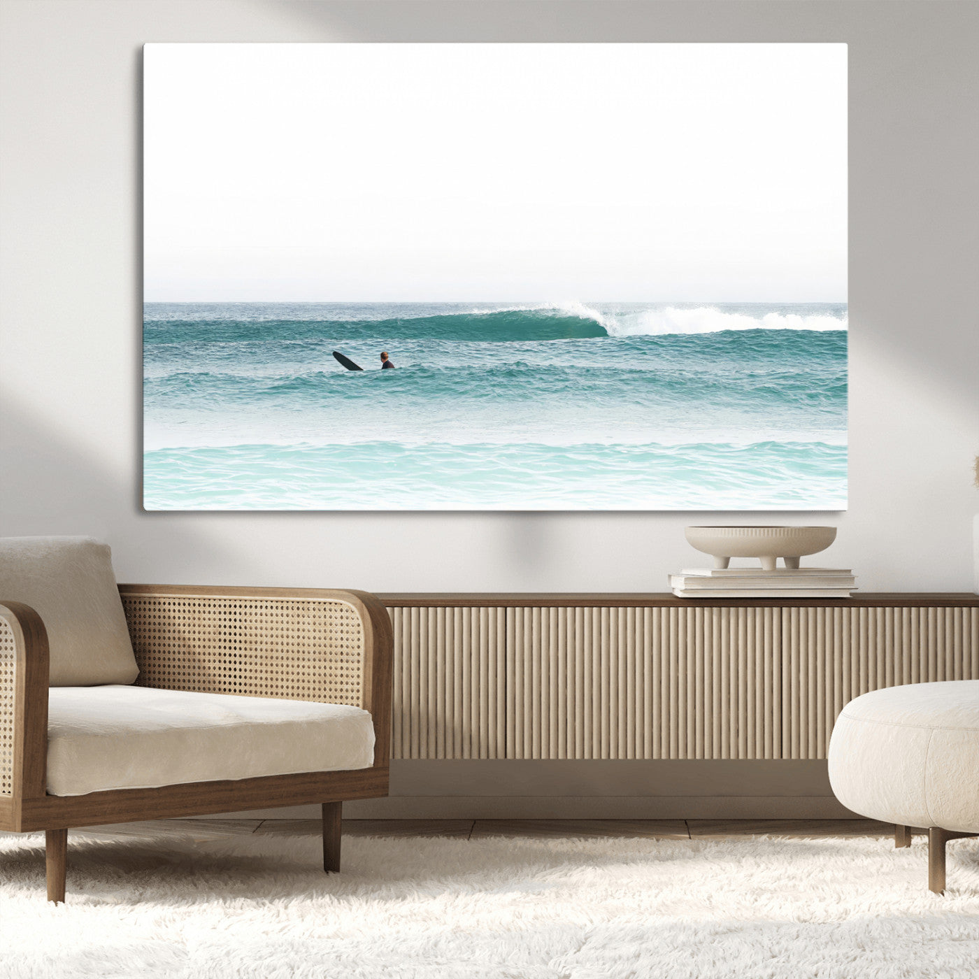 56345117-MGV-CV-36X24-Minimalist Surfing Wall Art Canvas Print, Framed Ocean Waves Art Picture Print, Soft Ocean Perfect Minimalist Coastal Decor