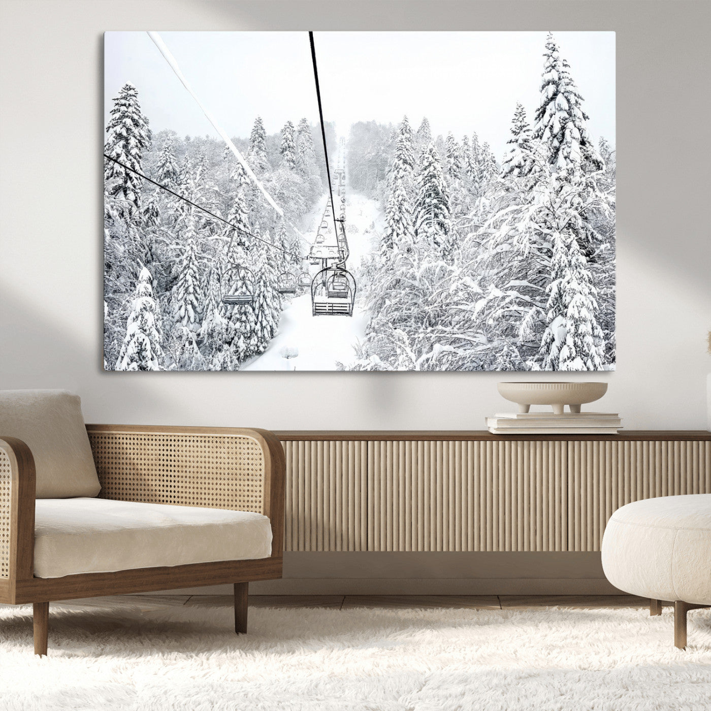 44705668-MGV-CV-36X24-Winter Forest Wall Art Canvas Print, Framed Snowy Forest Art Picture Print, Ski Lift Perfect Scandinavian Decor Artwork