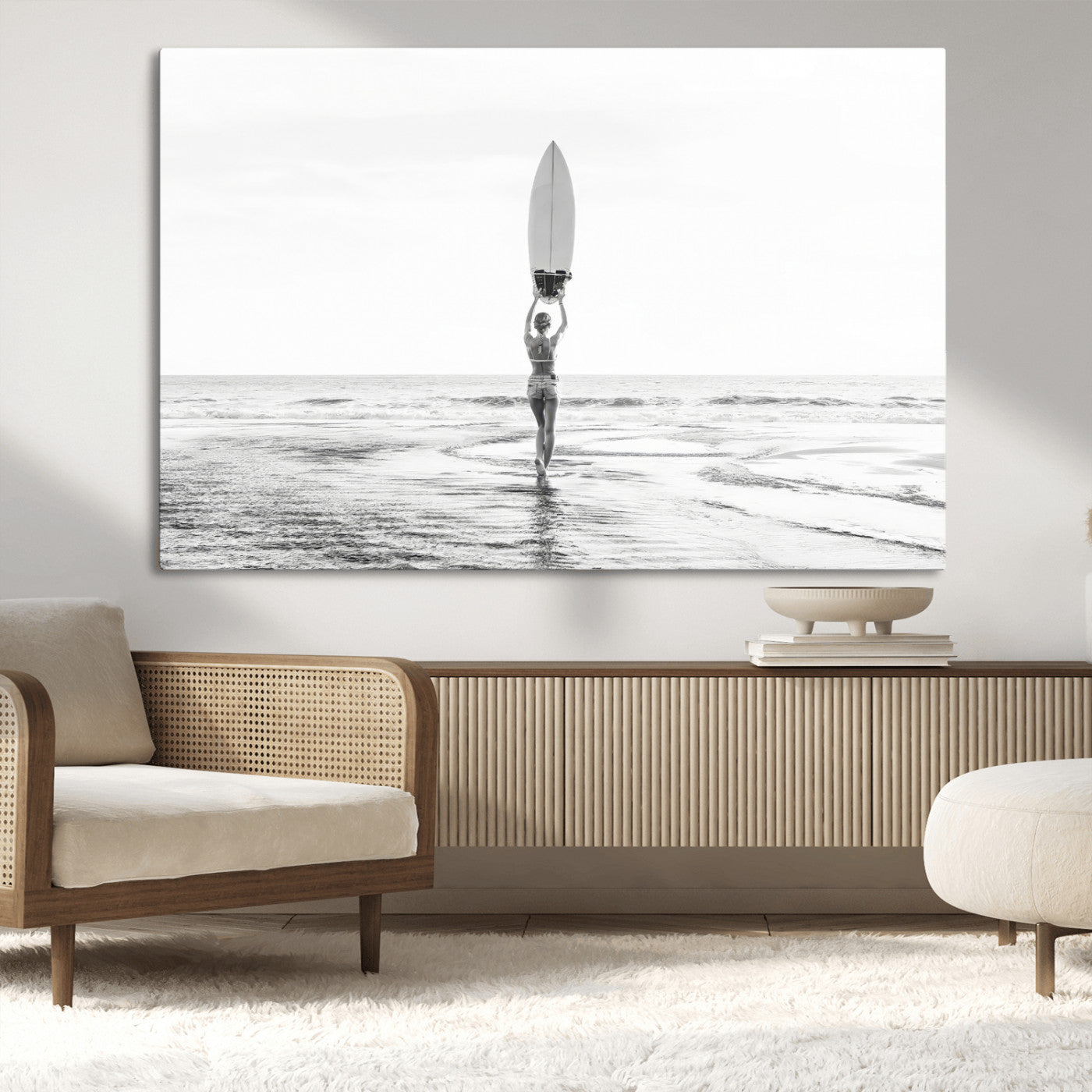 98446901-MGV-CV-36X24-Monochrome Surf Wall Art Canvas Print, Framed Minimalist Surfer Art Picture Print, Surfboard Silhouette Perfect Coastal Minimalist