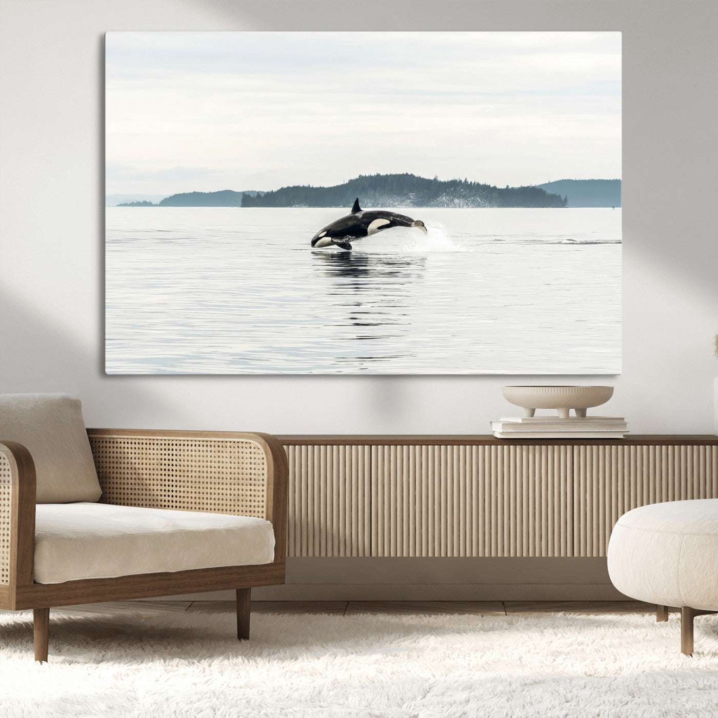 10157174-MGV-CV-36X24-Orca Whale Wall Art Canvas Print, Framed Black White Whale Art Picture Print, Minimalist Ocean Perfect Coastal Minimalist Decor