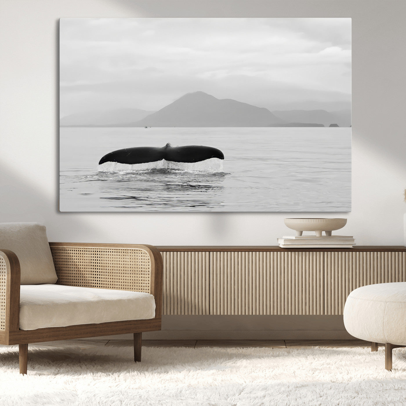 30524220-MGV-CV-36X24-Whale Tail Wall Art Canvas Print, Framed Black White Ocean Art Picture Print, Calm Marine Perfect Minimalist Coastal Decor Artwork
