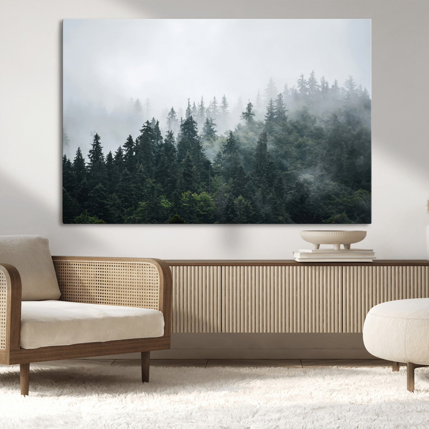 84146572-MGV-CV-36X24-Foggy Pine Trees Wall Art Canvas Print, Framed Forest Nature Art Picture Print, Evergreen Forest Perfect Scandinavian Minimalist