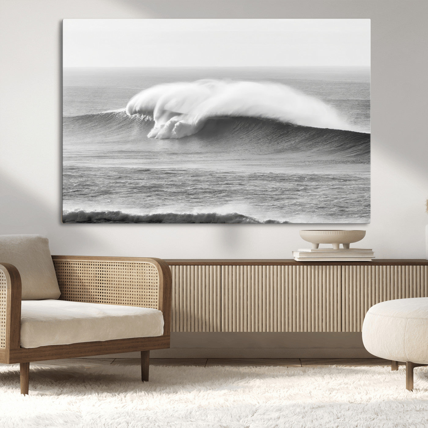 42544082-MGV-CV-36X24-Monochrome Seascape Wall Art Canvas Print, Framed Surf Wave Art Picture Print, Minimalist Ocean Perfect Moody Coastal Decor