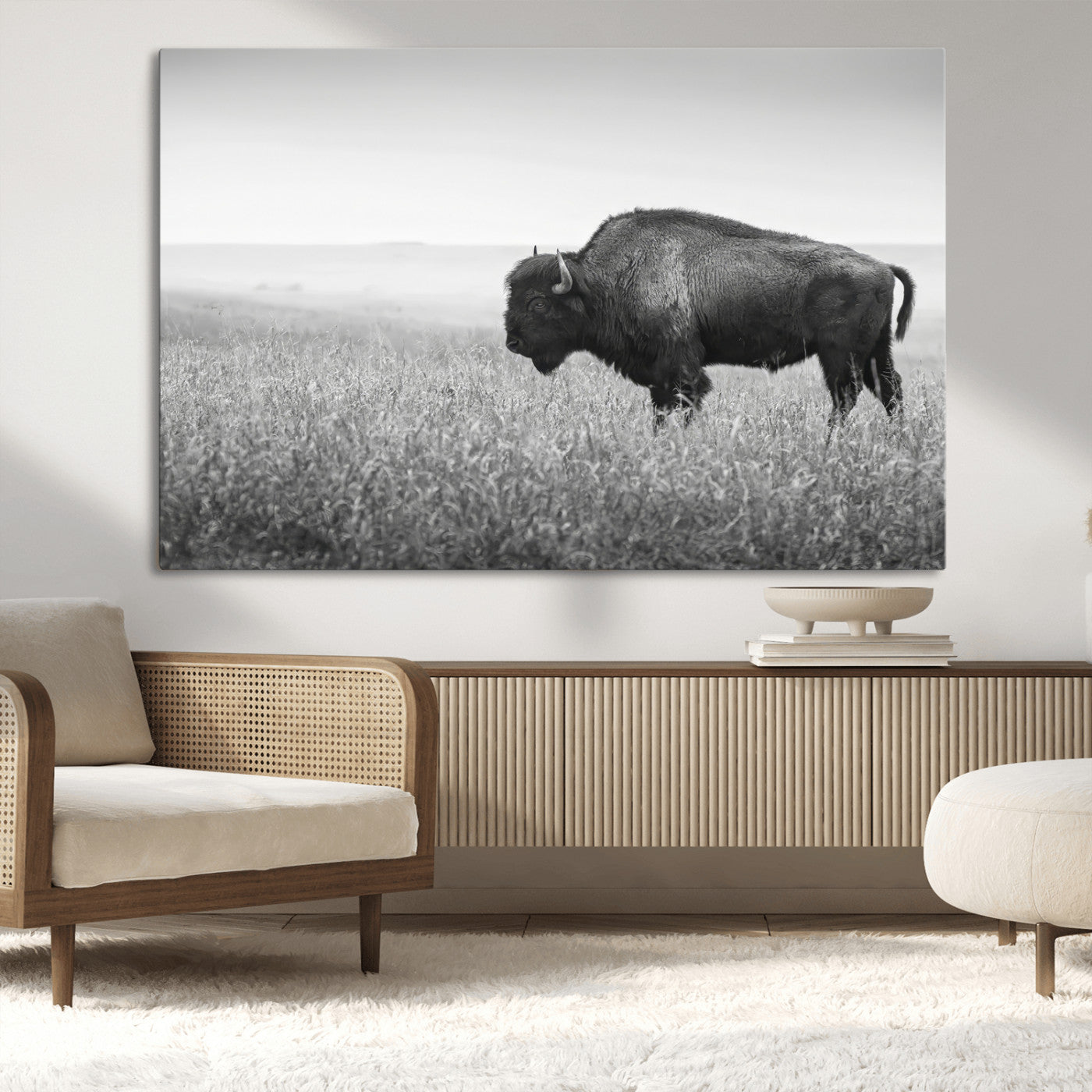 28435251-MGV-CV-36X24-Bison In Prairie Wall Art Canvas Print, Framed Rustic Wildlife Art Picture Print, Wild Buffalo Perfect Rustic Western Decor