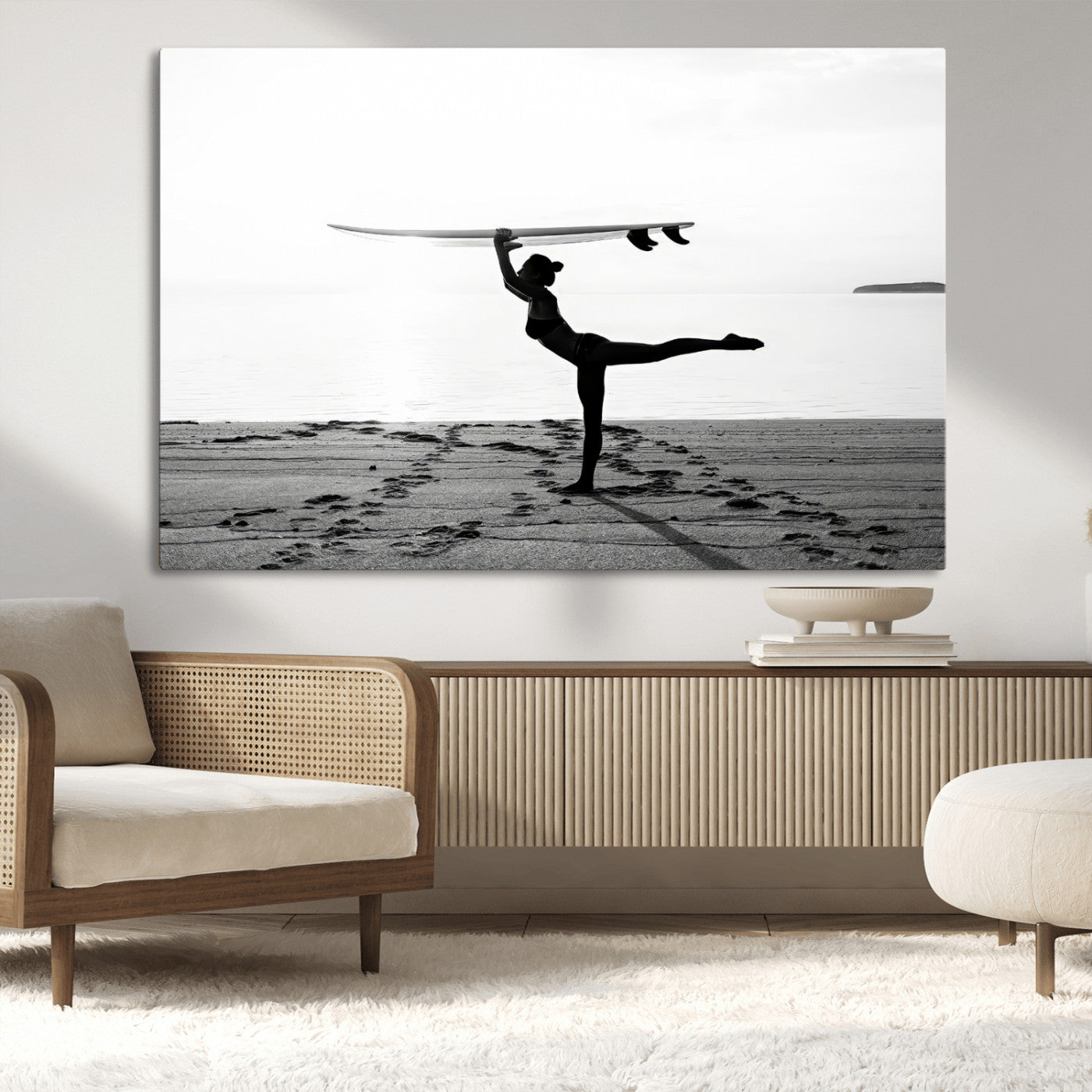 28441356-MGV-CV-36X24-Yoga Surf Wall Art Canvas Print, Framed Black White Shore Art Picture Print, Peaceful Ocean Perfect Minimalist Coastal Decor