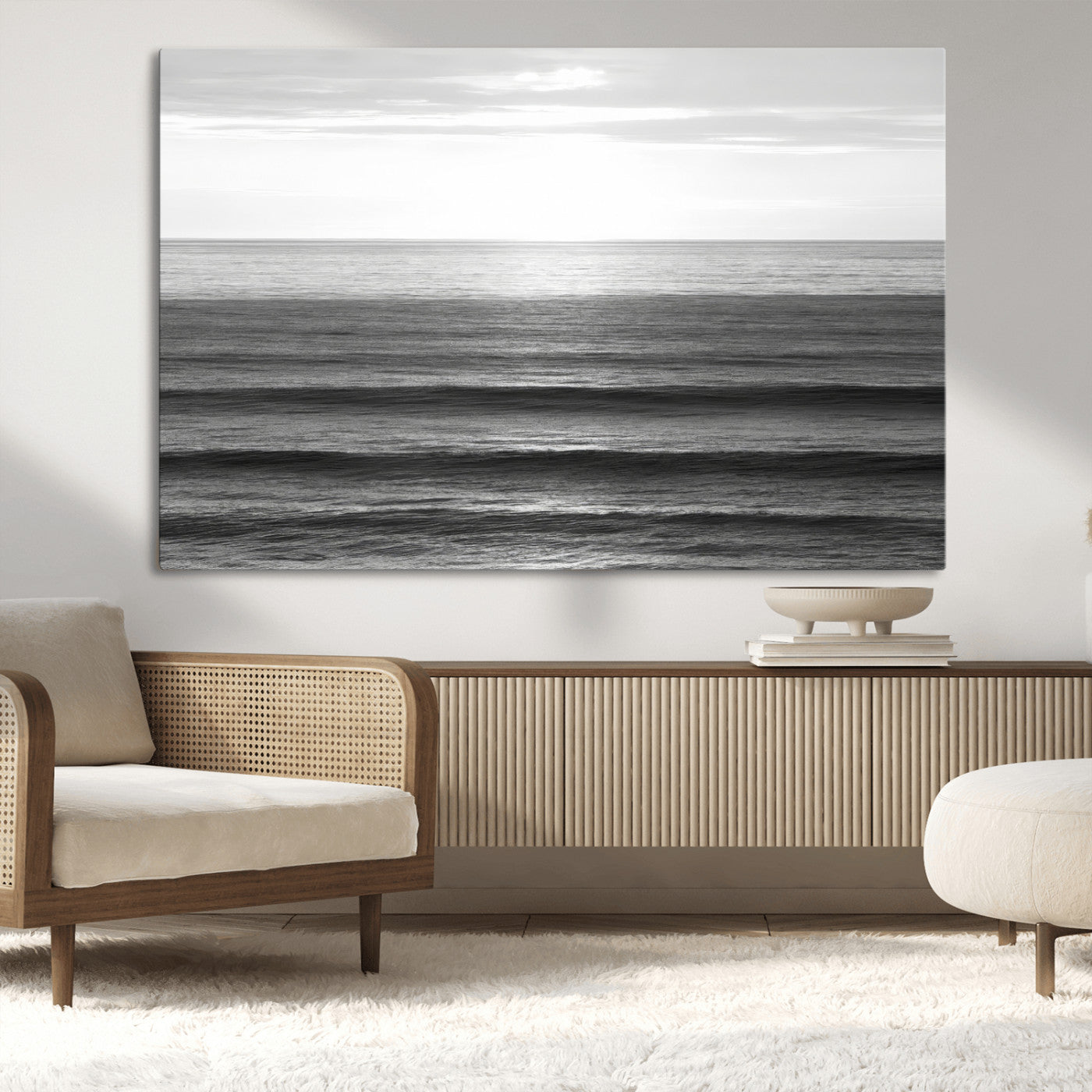 47305203-MGV-CV-36X24-Monochrome Ocean Wall Art Canvas Print, Framed Moody Ocean Art Picture Print, Calm Ocean Perfect Minimalist Coastal Decor Artwork
