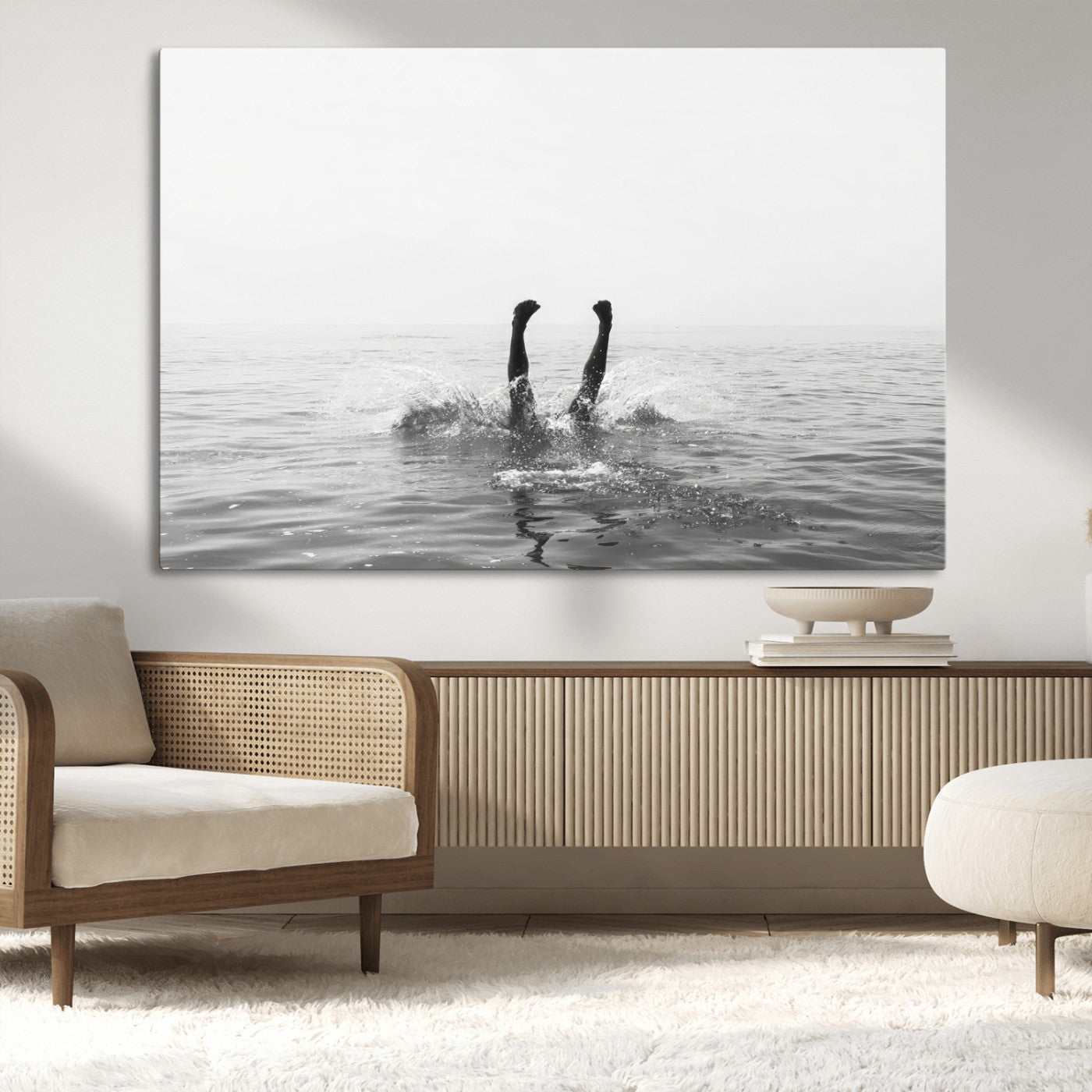26667396-MGV-CV-36X24-Black White Ocean Wall Art Canvas Print, Framed Monochrome Water Art Picture Print, Diving into Water Perfect Minimalist Aquatic
