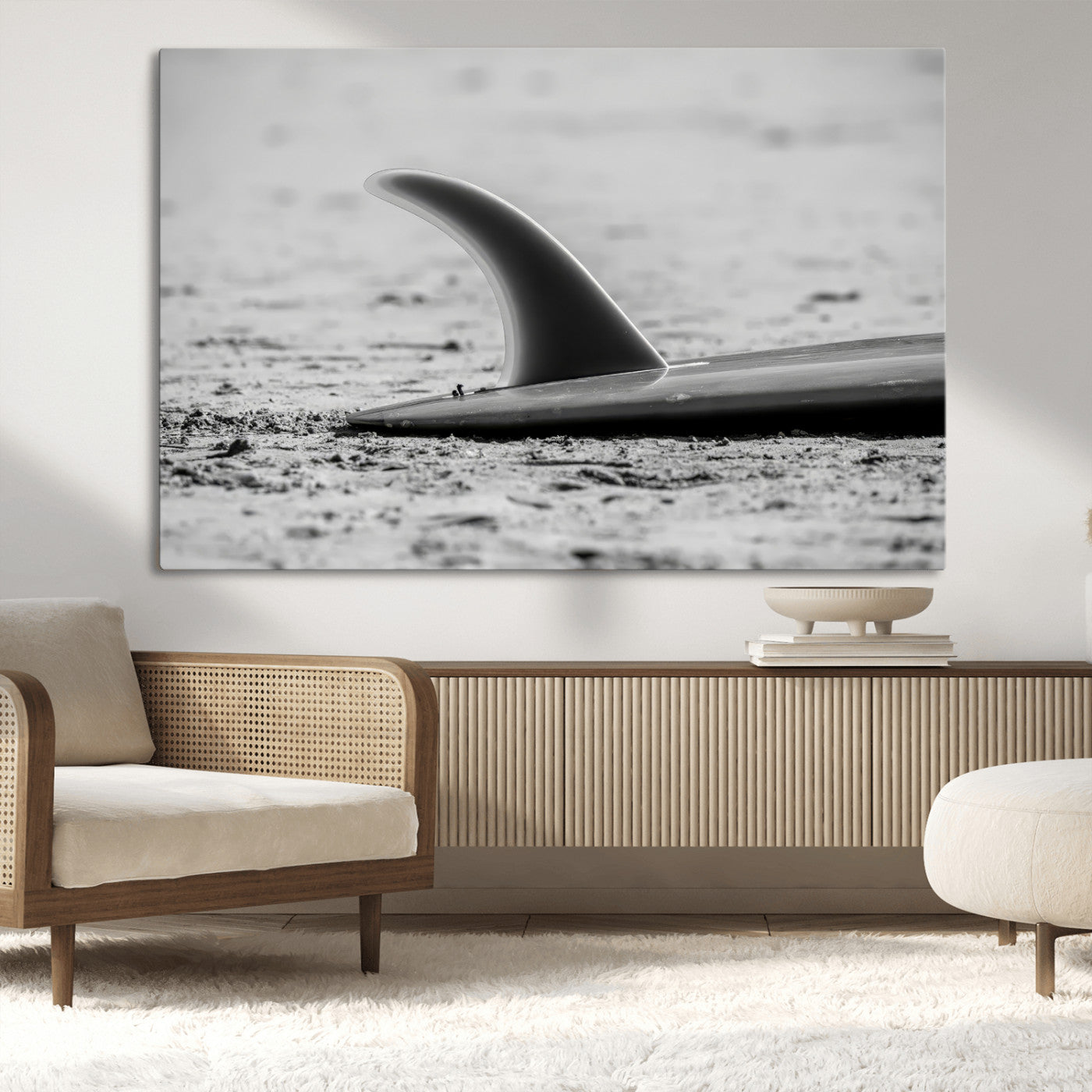 62314230-MGV-CV-36X24-Black White Surfboard Wall Art Canvas Print, Framed Minimalist Beach Art Picture Print, Surf Fin Perfect Minimalist Coastal Decor