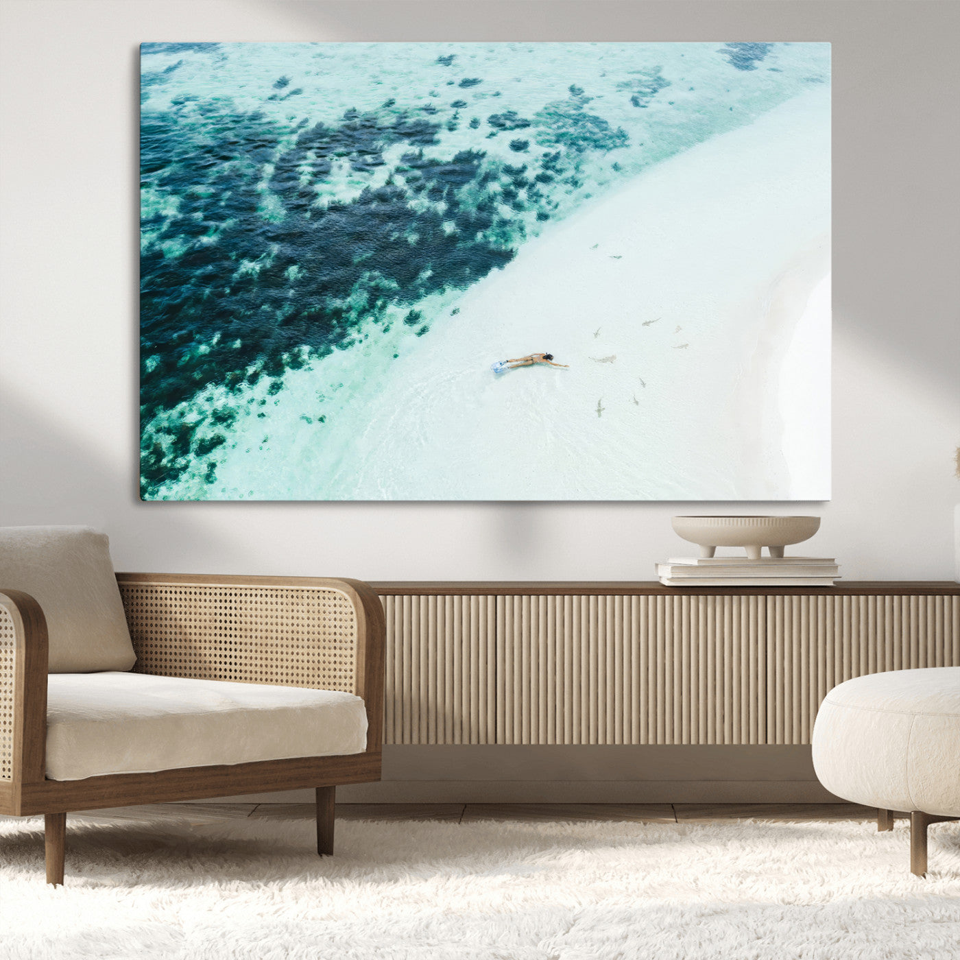 33764764-MGV-CV-36X24-Minimal Beach Wall Art Canvas Print, Framed Ocean Swimming Art Picture Print, Clear Ocean Perfect Minimal Coastal Decor Artwork