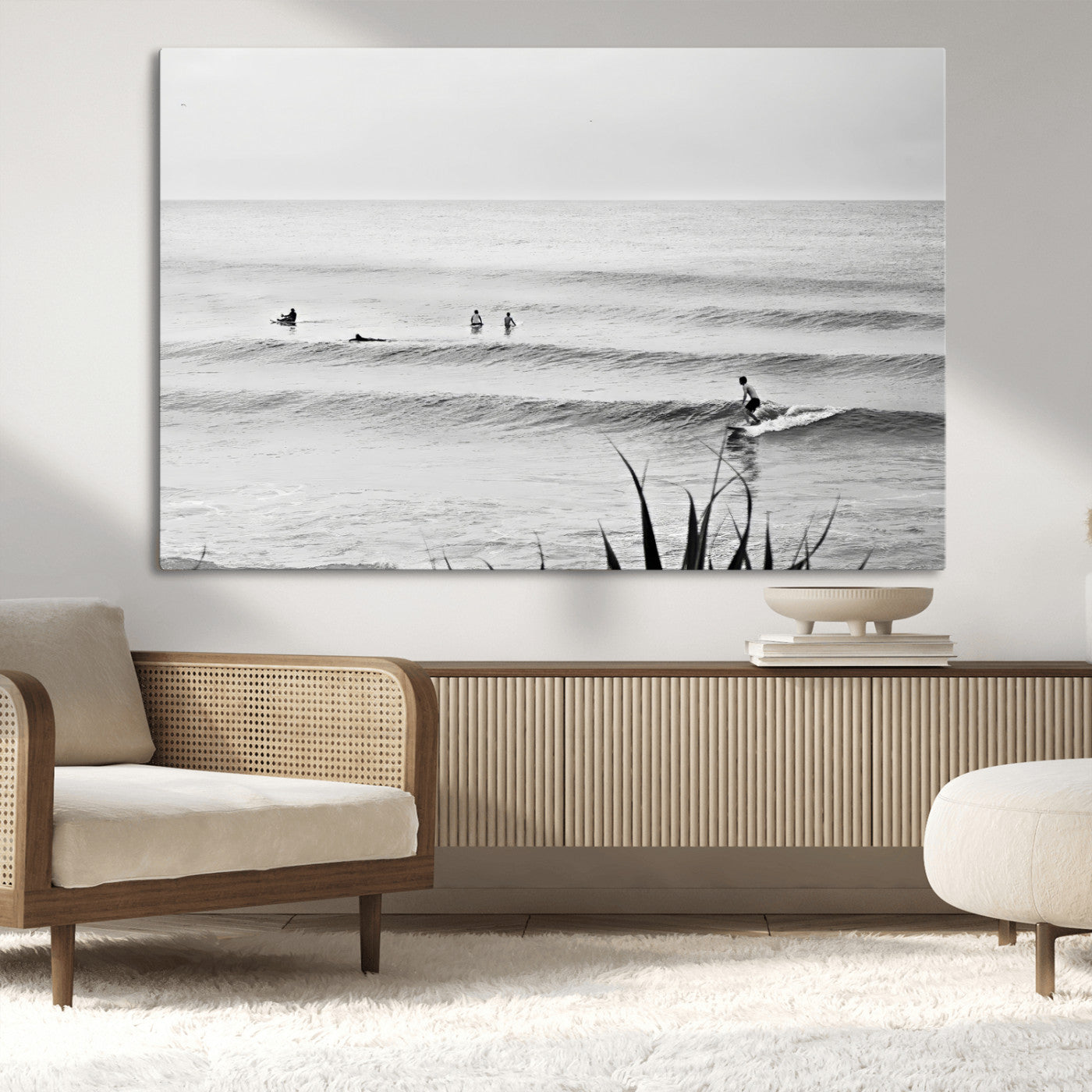 33821421-MGV-CV-36X24-Surfer Silhouette Wall Art Canvas Print, Framed Calm Ocean Art Picture Print, Monochrome Surf Perfect Minimalist Coastal Decor