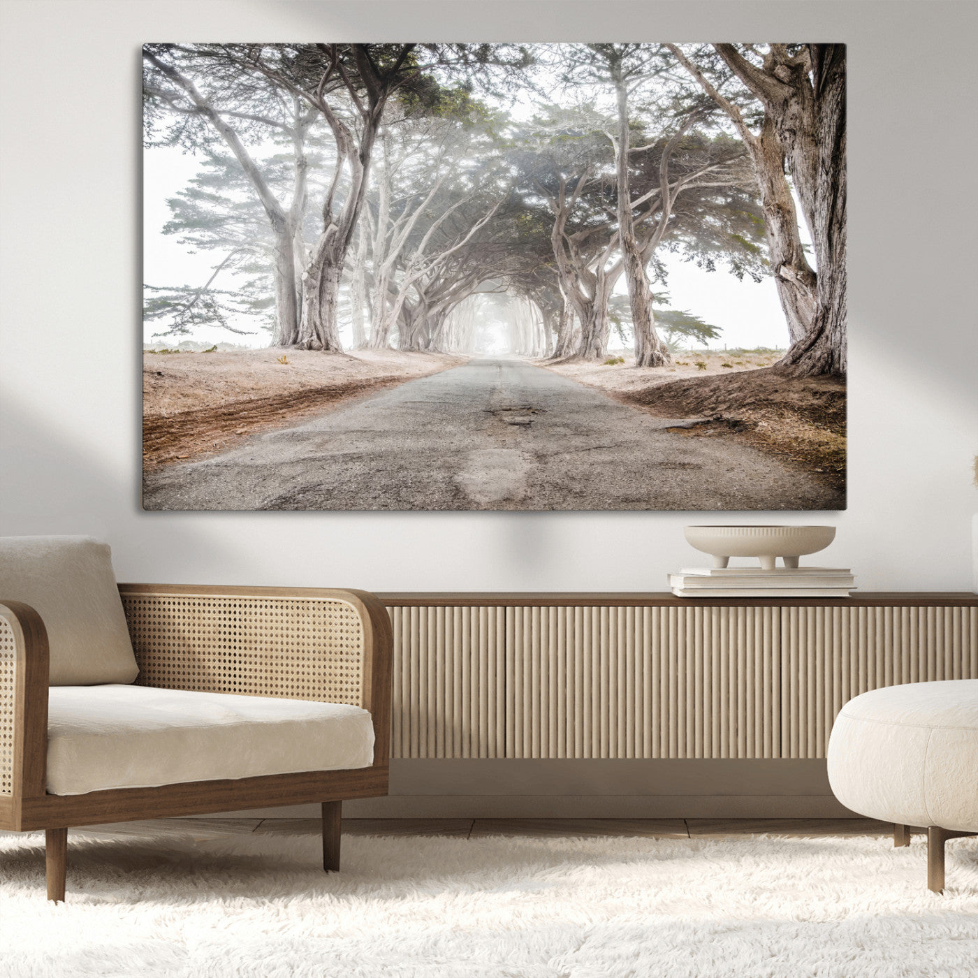 87090469-MGV-CV-36X24-Cypress Tunnel Wall Art Canvas Print, Framed Misty Road Art Picture Print, Foggy Trees Perfect Rustic Woodland Decor Artwork