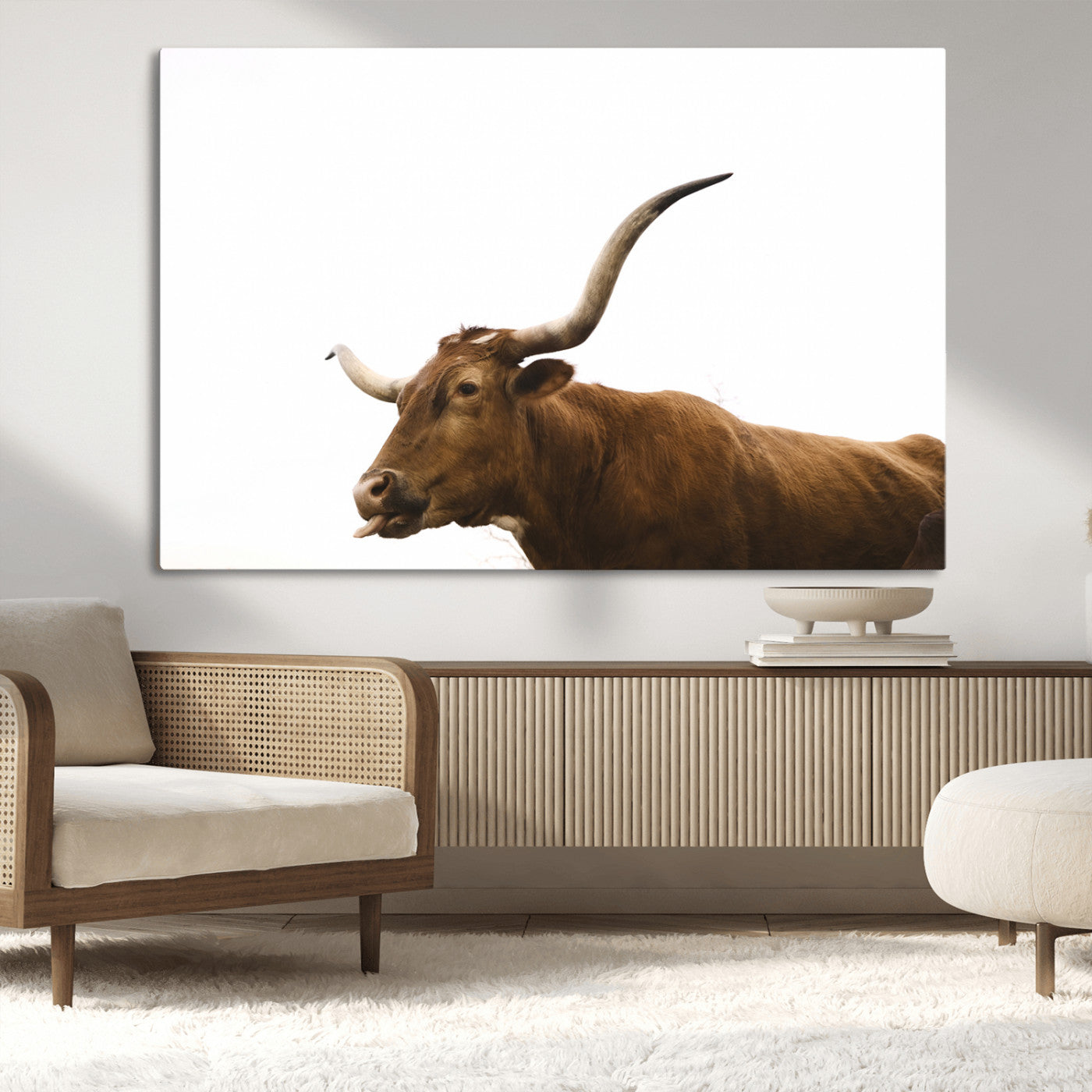 62566114-MGV-CV-36X24-Longhorn Cow Art Wall Art Canvas Print, Framed Rustic Animal Decor Art Picture Print, Texas Bull Photo Perfect Rustic Farmhouse