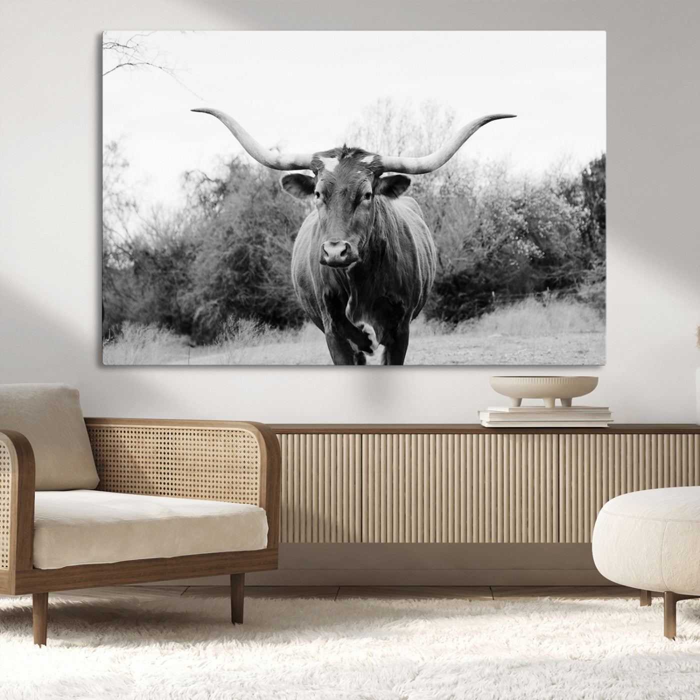 97280319-MGV-CV-36X24-Longhorn Photography Wall Art Canvas Print, Framed Western Cow Decor Art Picture Print, Texas Ranch Style Perfect Rustic Farmhouse