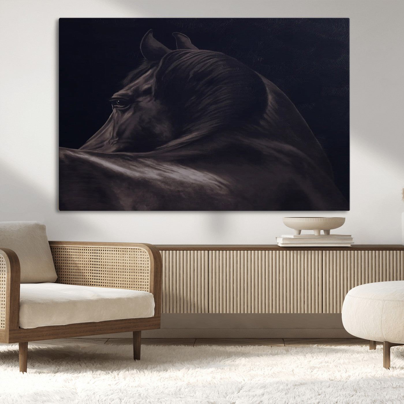 67026880-MGV-CV-36X24-Black Horse Portrait Wall Art Canvas Print, Framed Moody Horse Decor Art Picture Print, Equestrian Wall Style Perfect Masculine