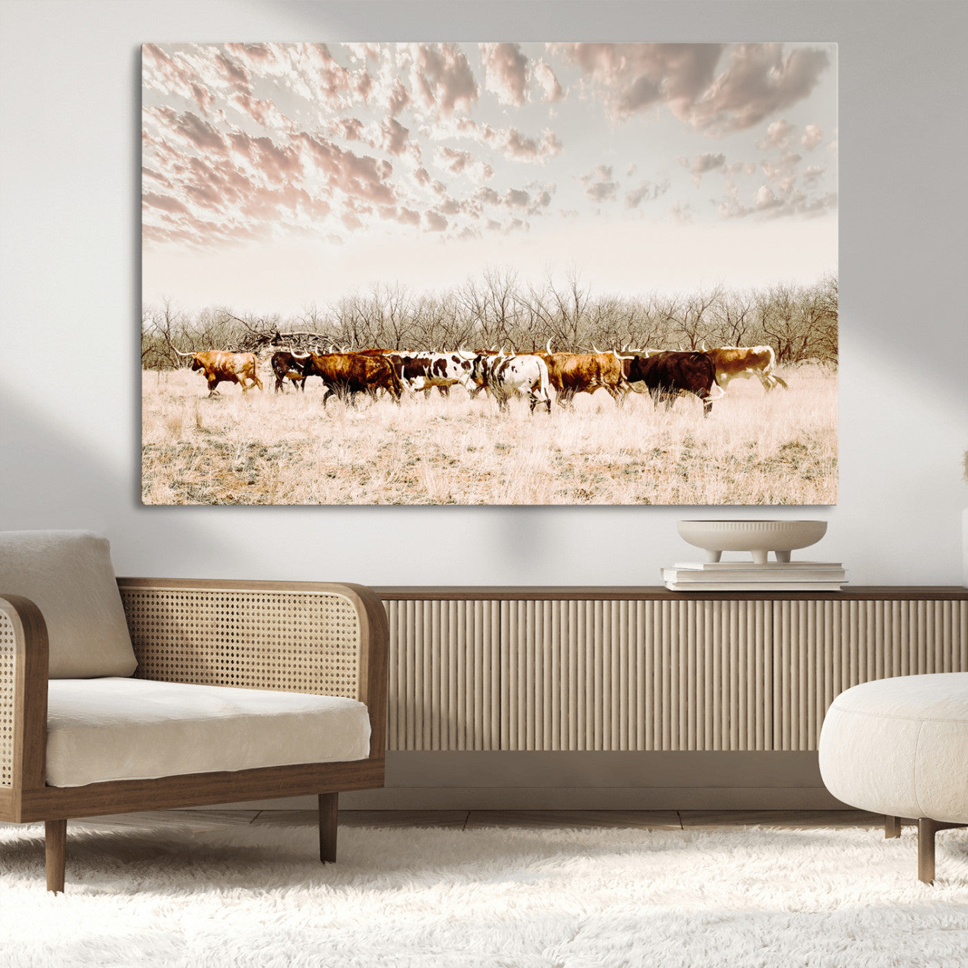 57389417-MGV-CV-36X24-Cow Herd Photography Wall Art Canvas Print, Framed Rustic Farmhouse Decor Art Picture Print, Western Ranch Style Perfect Rustic