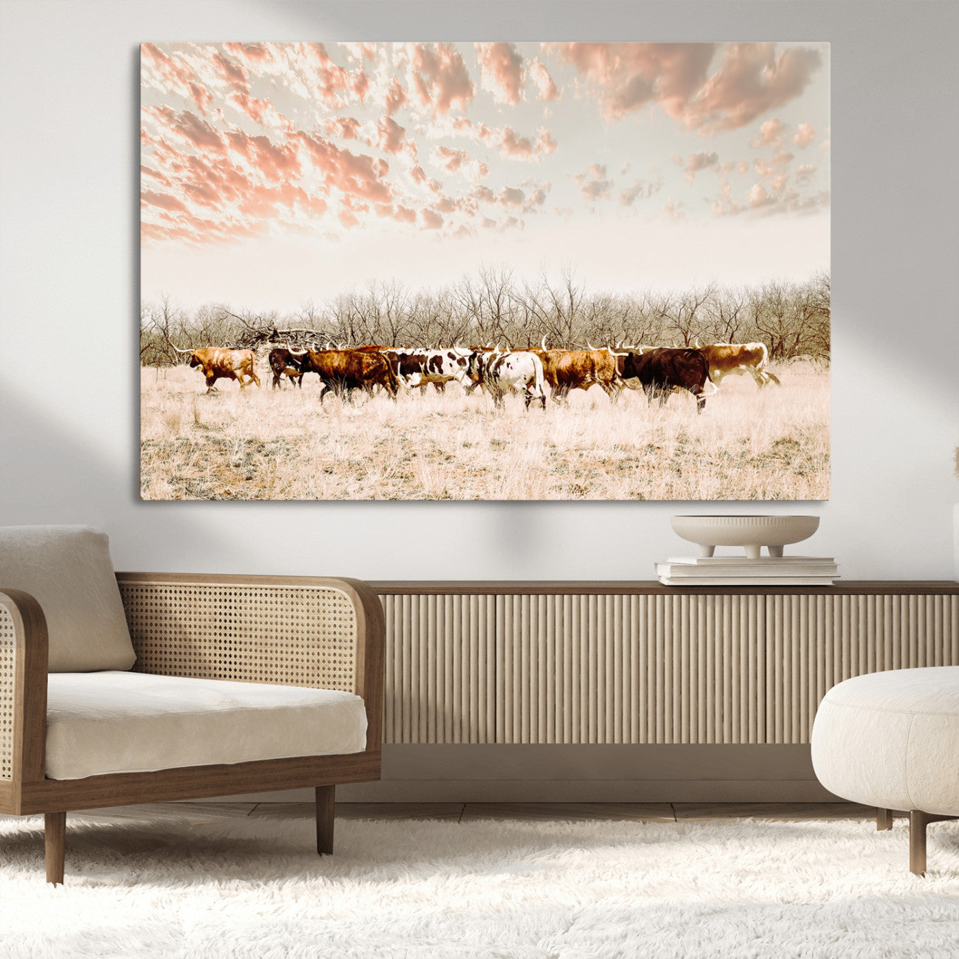 43704663-MGV-CV-36X24-Country Cow Herd Wall Art Canvas Print, Framed Farmhouse Cattle Scene Art Picture Print, Rustic Ranch Decor Perfect Rustic