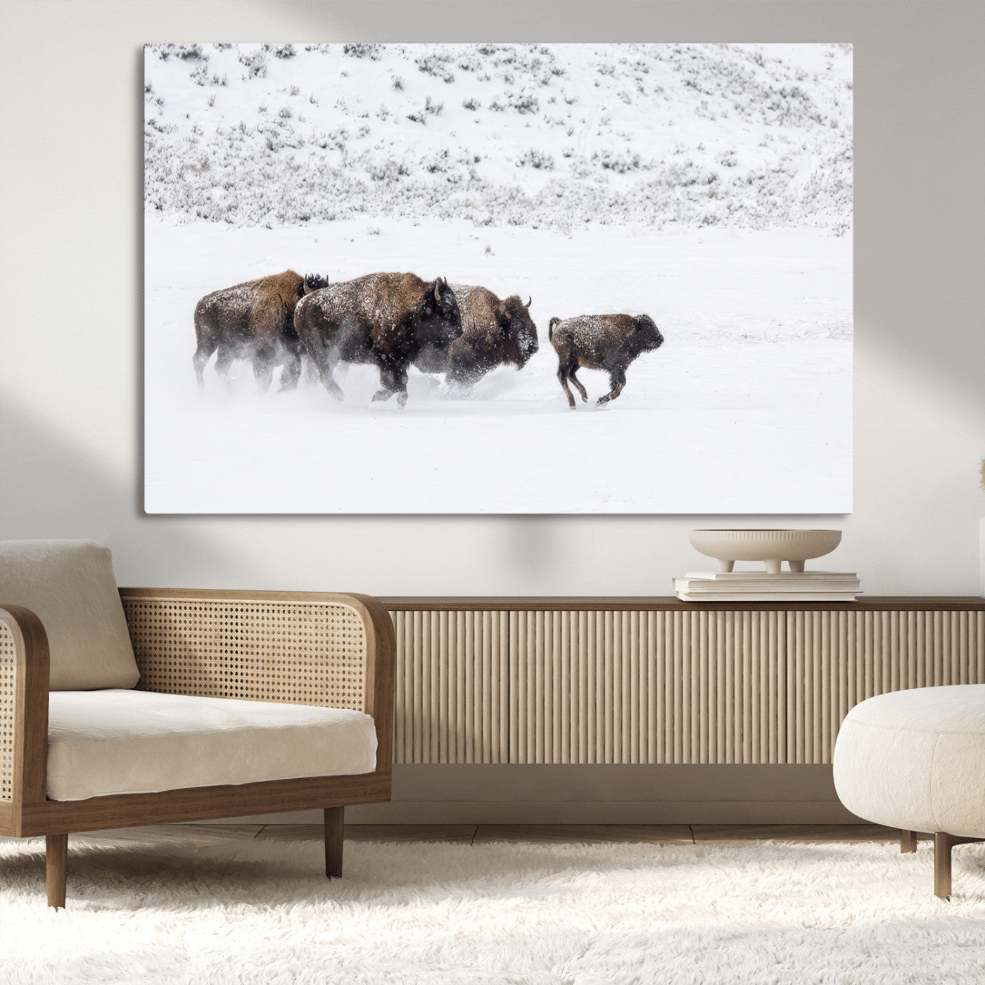 56216945-MGV-CV-36X24-Bison Herd Decor Wall Art Canvas Print, Framed Snowy Bison Scene Art Picture Print, Winter Wildlife Theme Perfect Rustic Western