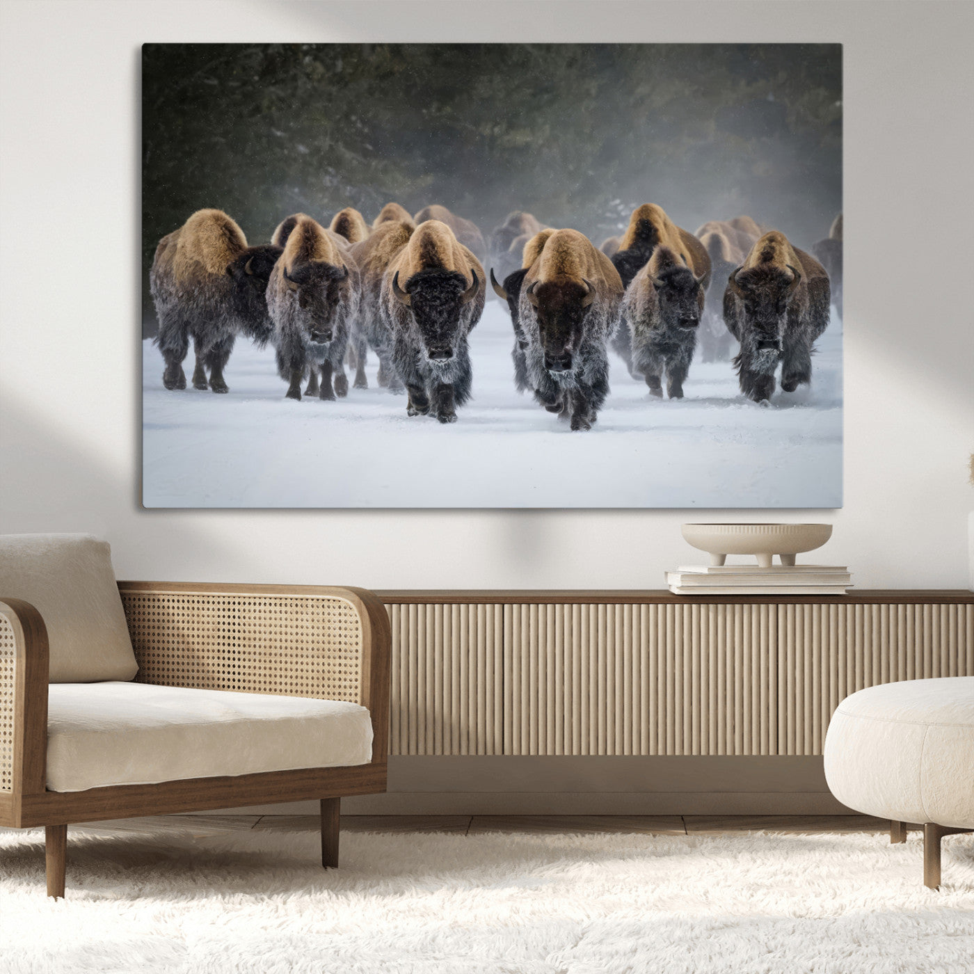 41669135-MGV-CV-36X24-Bison Herd Scene Wall Art Canvas Print, Framed Rustic Wildlife Decor Art Picture Print, Snowy Bison Landscape Perfect Rustic