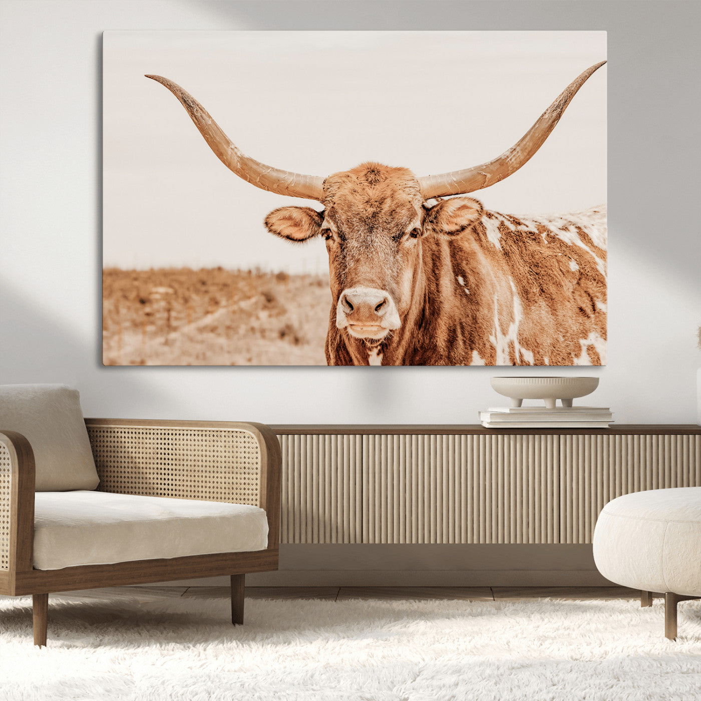 74406977-MGV-CV-36X24-Longhorn Bull Decor Wall Art Canvas Print, Framed Western Cow Theme Art Picture Print, Rustic Farmhouse Wall Perfect Neutral