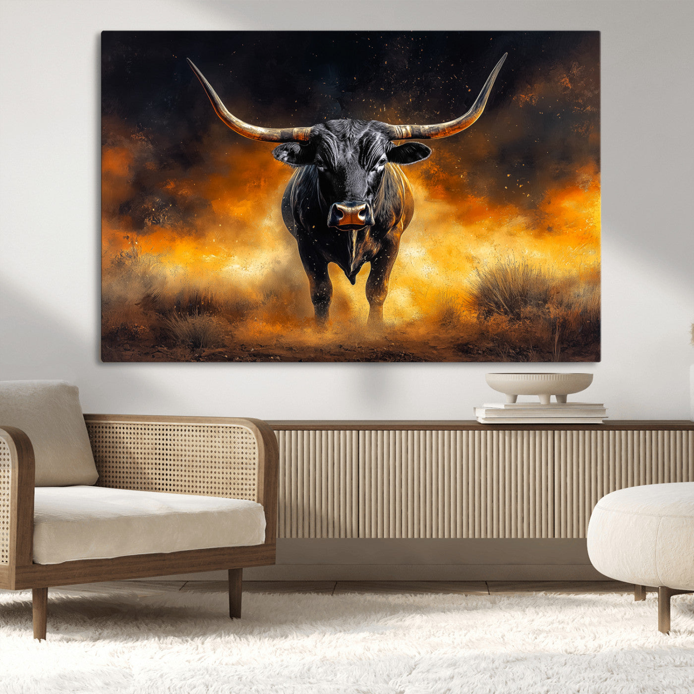 58293979-MGV-CV-36X24-Longhorn Canvas Wall Art Canvas Print, Framed Bold Bull Wall Art Art Picture Print, Western Animal Decor Perfect Western Dramatic