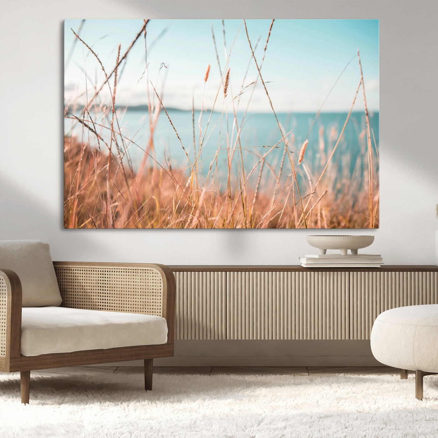 36108696-MGV-CV-36X24-Coastal Grass Wall Art – Serene Ocean View Canvas Print, Beach Nature Photography Decor for Living Room, Bedroom, Office or Modern