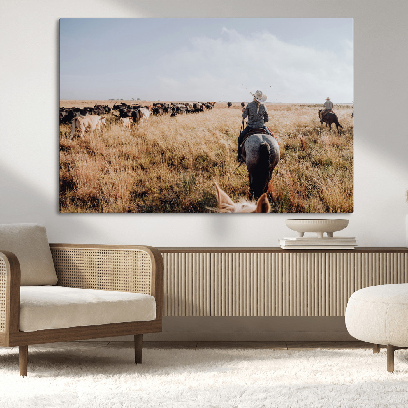 22431577-MGV-CV-36X24-Western Wall Art Wall Art Canvas Print, Framed Cowboy Canvas Art Picture Print, Cattle Drive Scene Perfect Rustic Western Decor