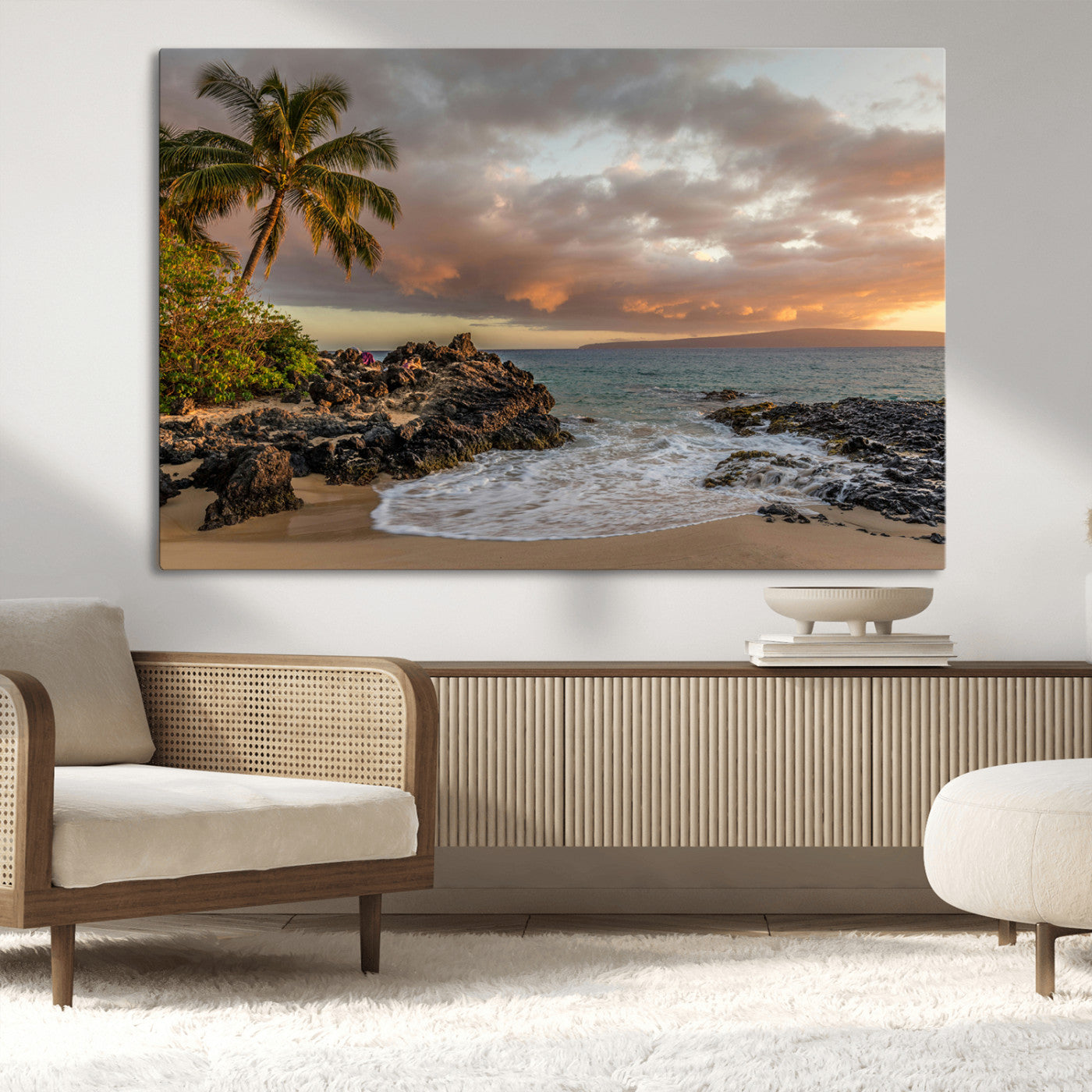 55108220-MGV-CV-36X24-Tropical Beach Wall Art Canvas Print, Framed Hawaiian Sunset Art Picture Print, Ocean Waves Perfect Coastal Tropical Decor Artwork