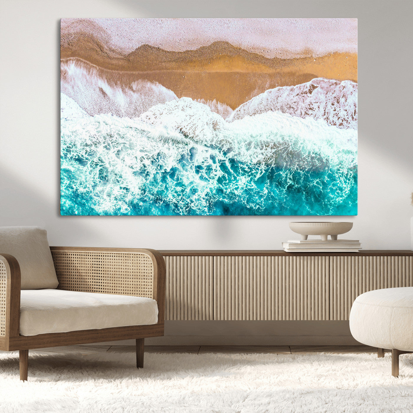 26870666-MGV-CV-36X24-Aerial Beach Wall Art Canvas Print, Framed Ocean Waves Art Picture Print, Coastal Landscape Perfect Coastal Minimalist Decor