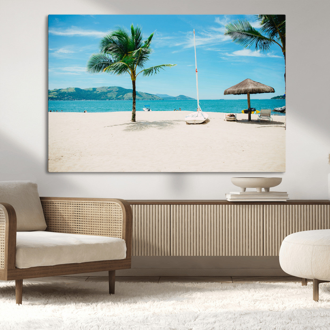 42623350-MGV-CV-36X24-Tropical Beach Wall Art Canvas Print, Framed Palm Tree Art Picture Print, Ocean View Perfect Tropical Coastal Decor Artwork