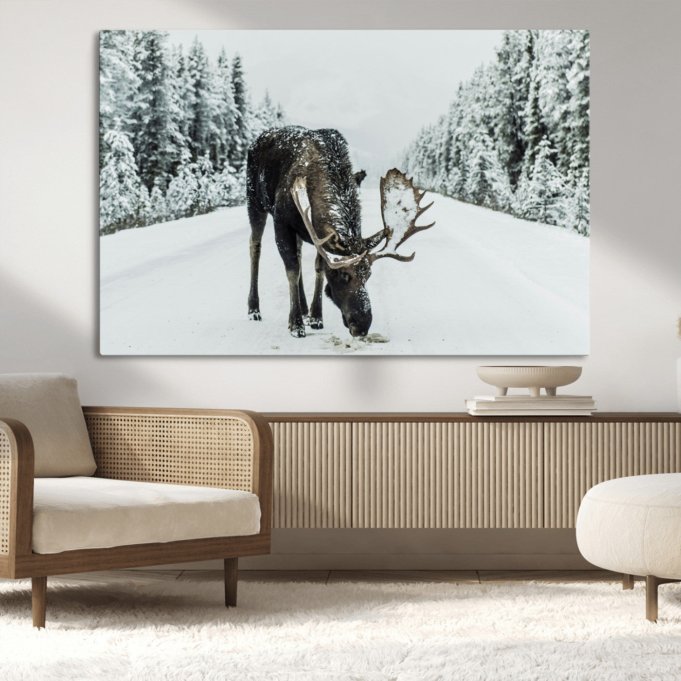 13316292-MGV-CV-36X24-Moose in Snow Wall Art Canvas Print, Framed Winter Wildlife Art Picture Print, Snowy Forest Scene Perfect Rustic Lodge Decor