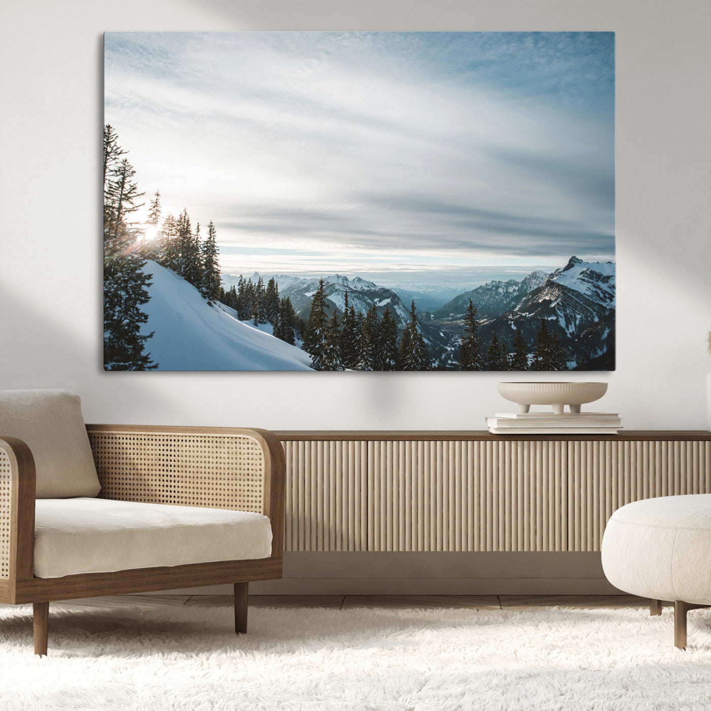 55564749-MGV-CV-36X24-Snowy Mountains Wall Art Canvas Print, Framed Alpine Landscape Art Picture Print, Frosty Peaks Perfect Nordic Minimalist Decor