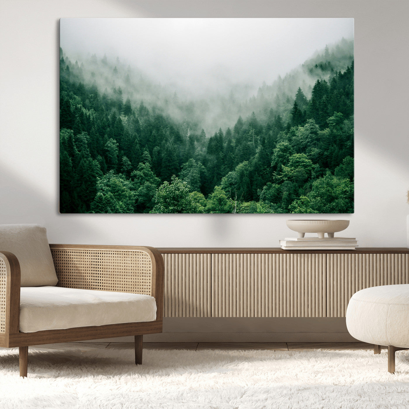 45265379-MGV-CV-36X24-Misty Forest Wall Art – Green Mountain Pine Tree Landscape Canvas Print, Nature Photography Artwork Home Decor for Bedroom, Living