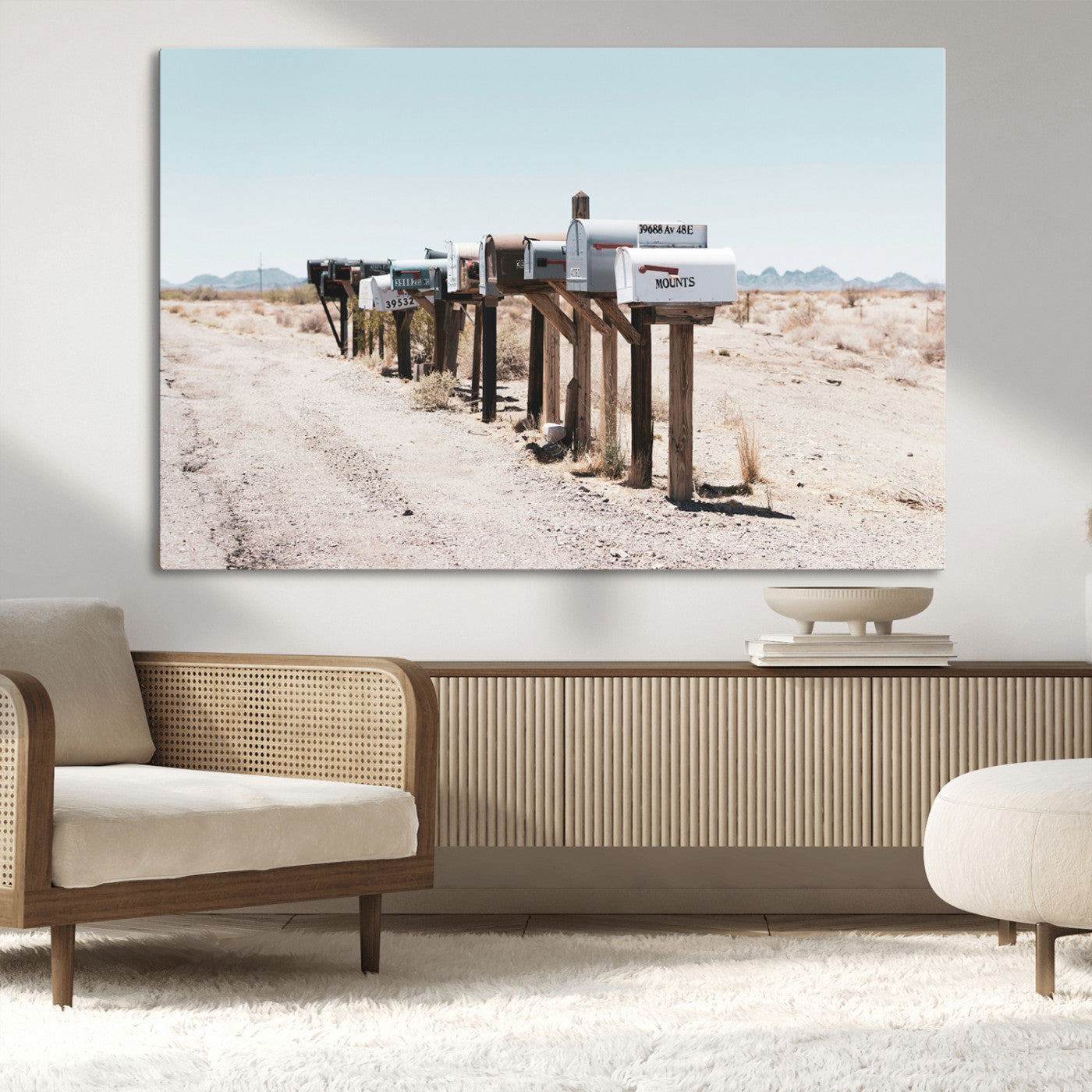 54616109-MGV-CV-36X24-Desert Mailboxes Wall Art – Rustic Rural Roadside Photography Canvas Print, American Southwest Landscape Home Decor for Living