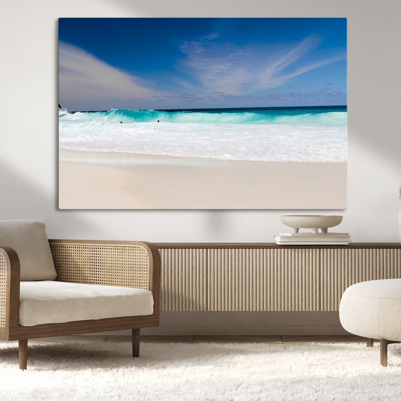 55017356-MGV-CV-36X24-Ocean Beach Wall Art – Turquoise Wave and White Sand Shoreline Canvas Print, Coastal Seascape Photography Decor for Living Room,