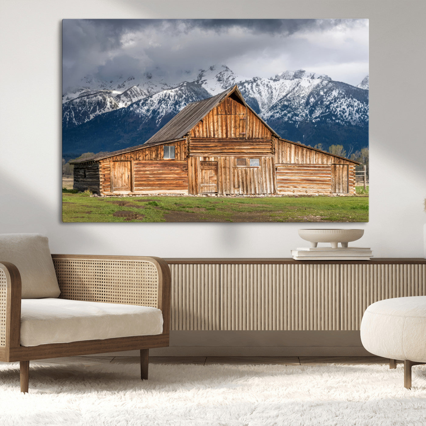 15173627-MGV-CV-36X24-Barn Wall Art – Rustic Wooden Cabin Canvas Print with Snowy Mountain Landscape, Western Farmhouse Country Decor for Living Room,