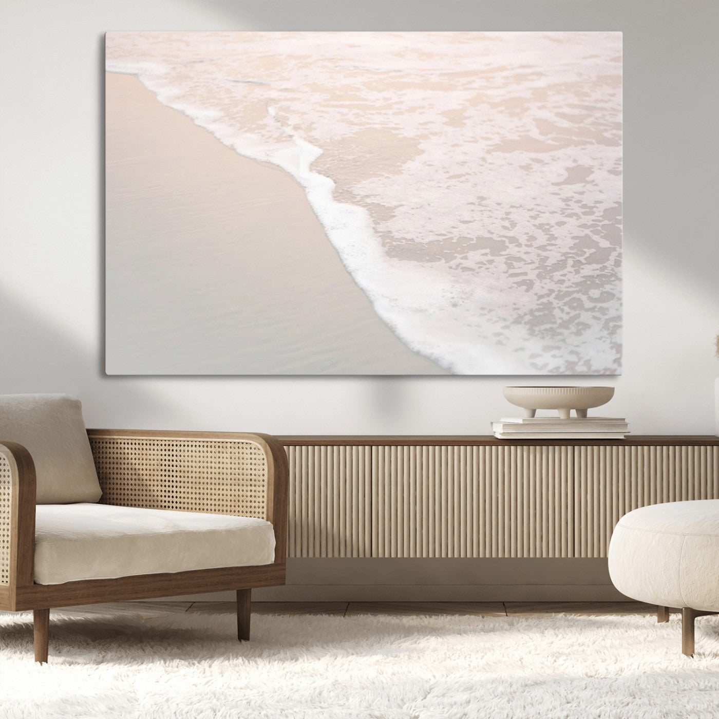 28414510-MGV-CV-36X24-Ocean Shoreline Wall Art – Minimal Coastal Beach Canvas Print, Soft Sea Foam and Sand Photography Artwork, Relaxing Nautical Decor