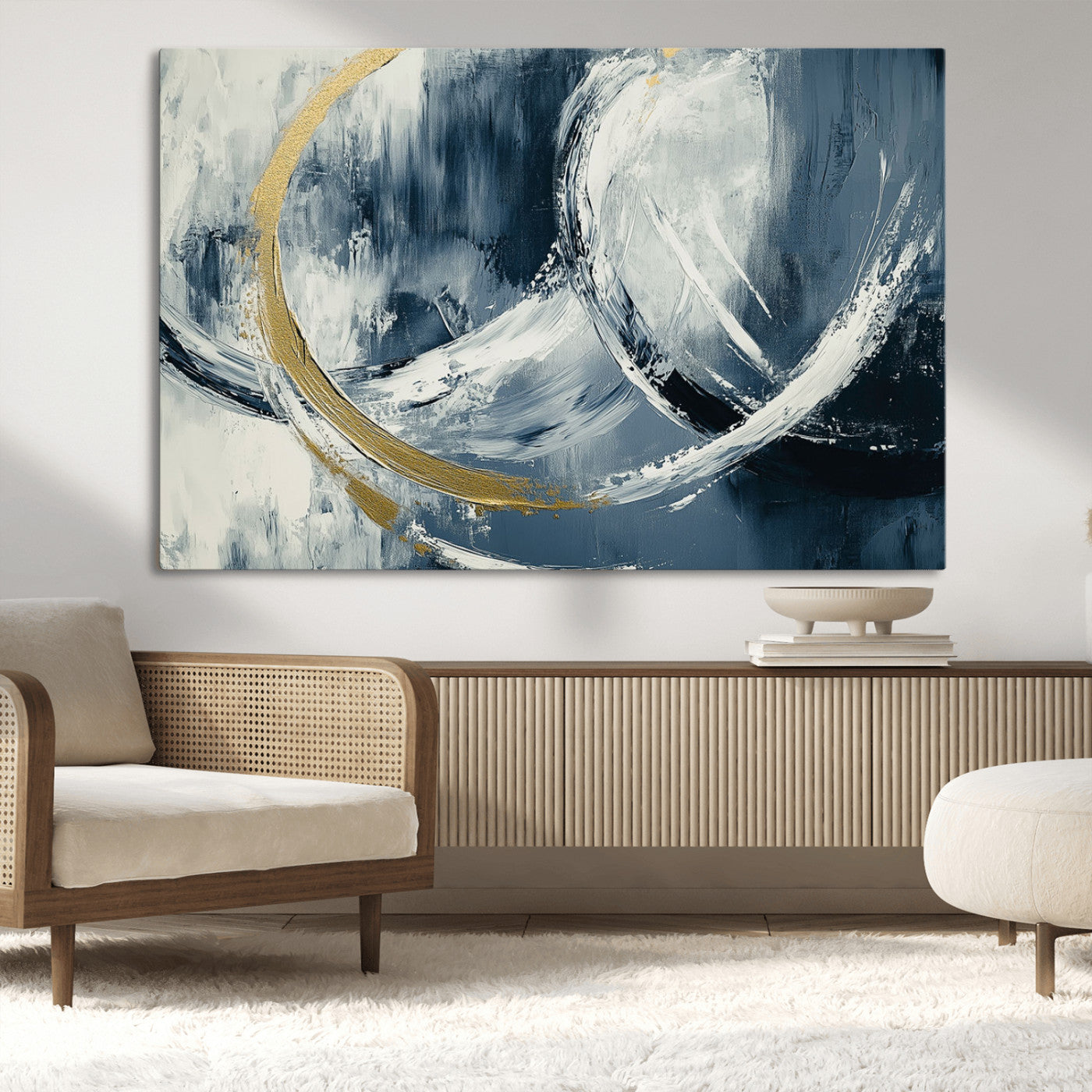 97295757-MGV-CV-36X24-Abstract Blue and Gold Wall Art – Modern Luxury Canvas Print, Navy White Brushstroke Painting, Contemporary Living Room Office