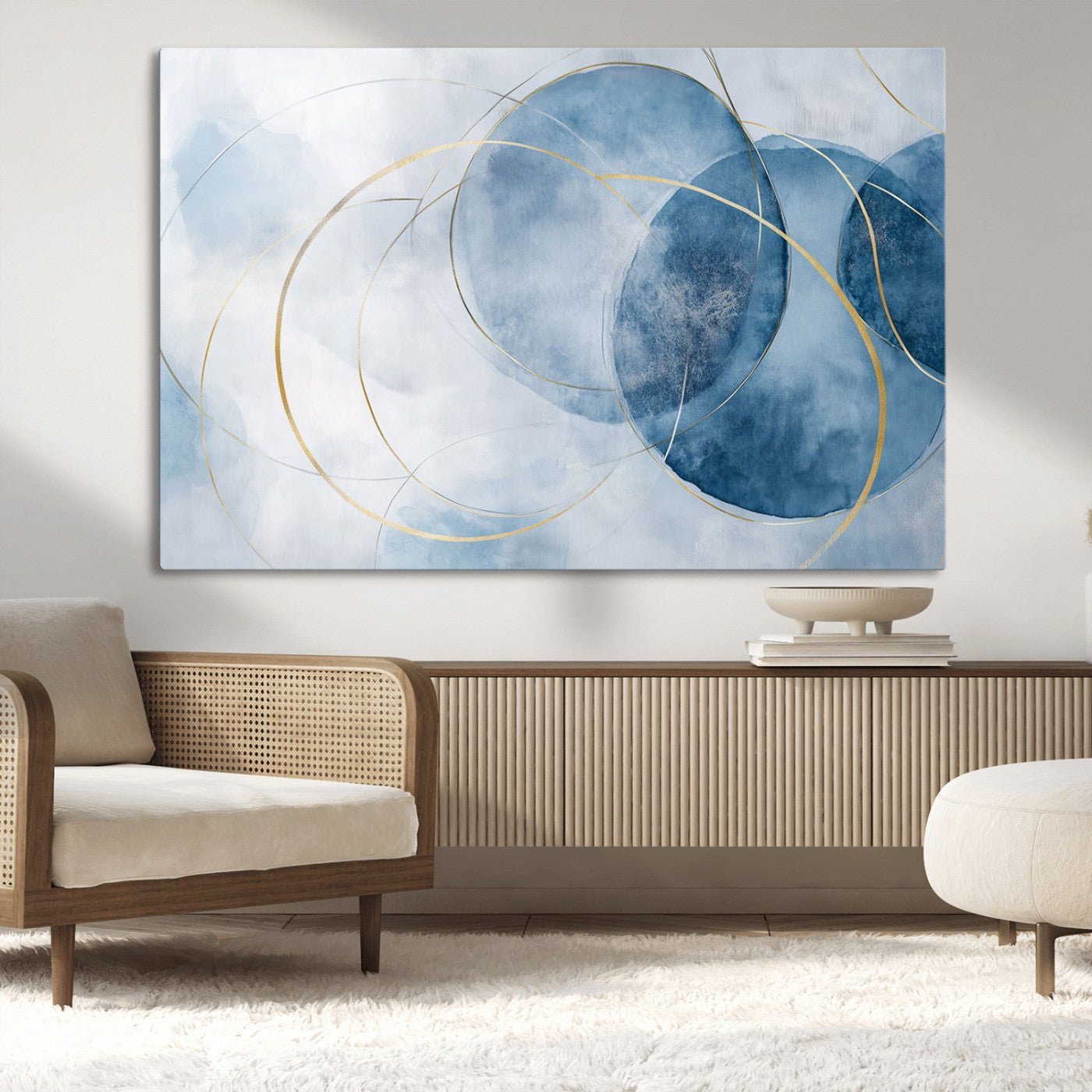 47060443-MGV-CV-36X24-Blue Abstract Circle Wall Art – Modern Gold and Navy Canvas Print, Minimalist Geometric Painting for Living Room, Bedroom, Office
