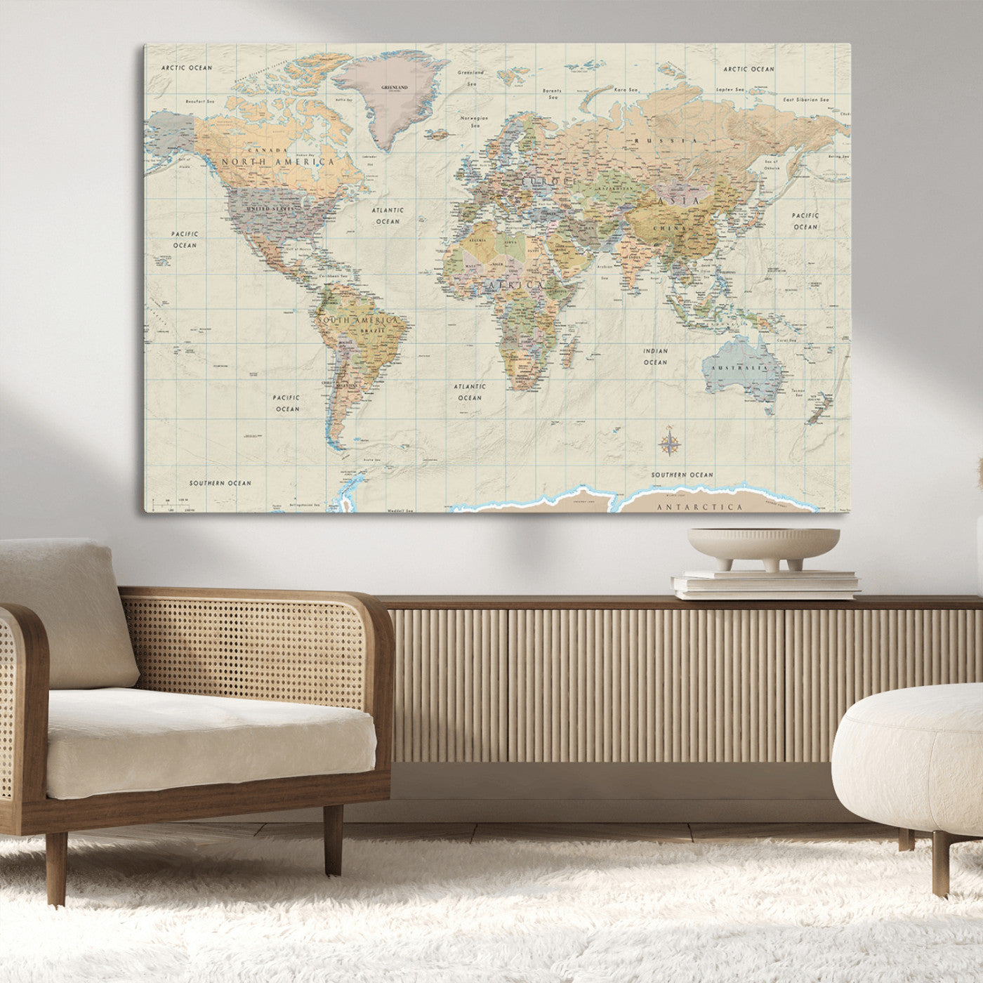 41929777-MGV-CV-36X24-World Map Wall Art – Large Detailed Political Atlas Style Map Print with Countries, Cities, and Oceans, Warm Earth Tone