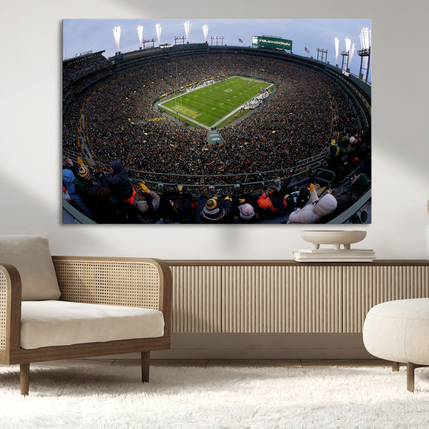 14387817-MGV-CV-36X24-Lambeau Field Stadium Wall Art – Green Bay Packers Game Day Canvas Print with Fireworks and Crowd – NFL Football Fan Man Cave