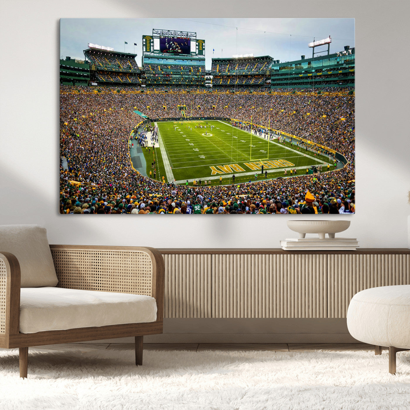 96617112-MGV-CV-36X24-Lambeau Field Wall Art – Green Bay Packers NFL Football Stadium Canvas Print – Game Day Crowd Sports Decor for Man Cave, Bar, or