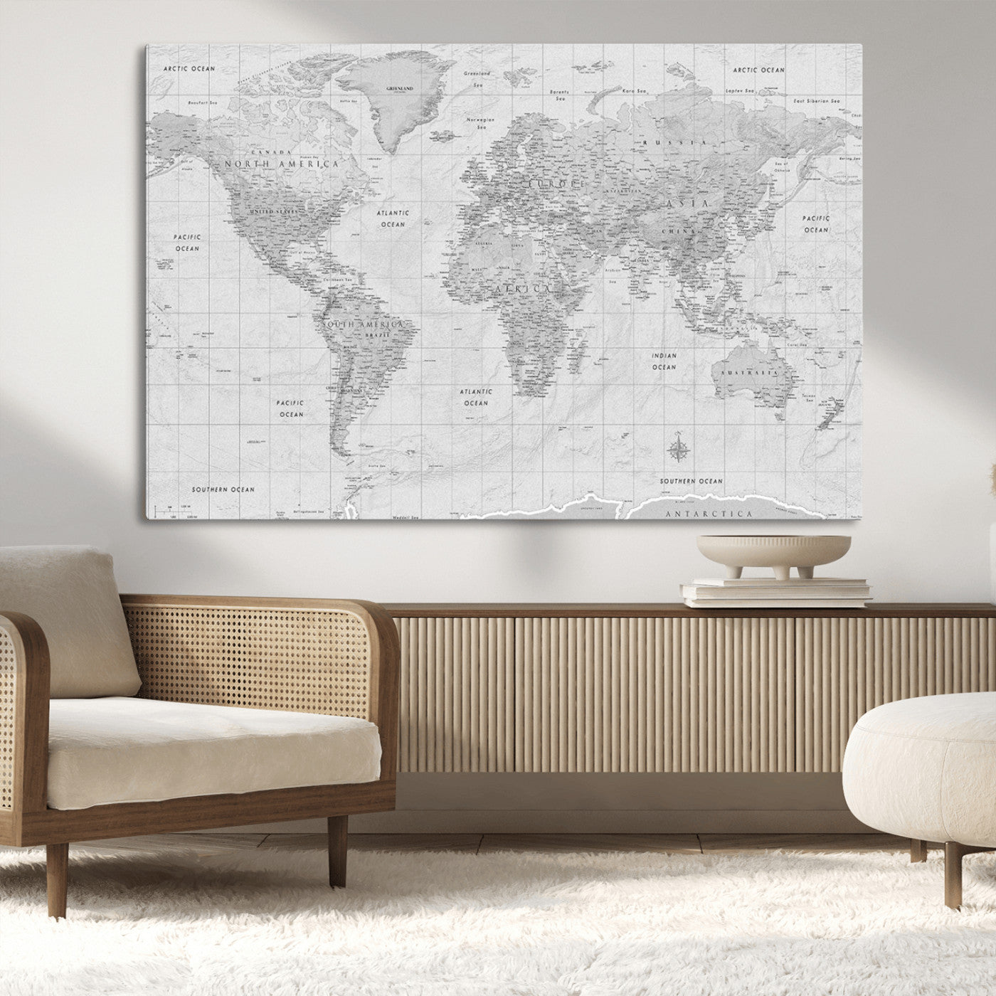 10516725-MGV-CV-36X24-Black and White World Map Wall Art – Minimalist Grayscale Canvas Print – Modern Detailed Travel Map Poster for Home, Office, or