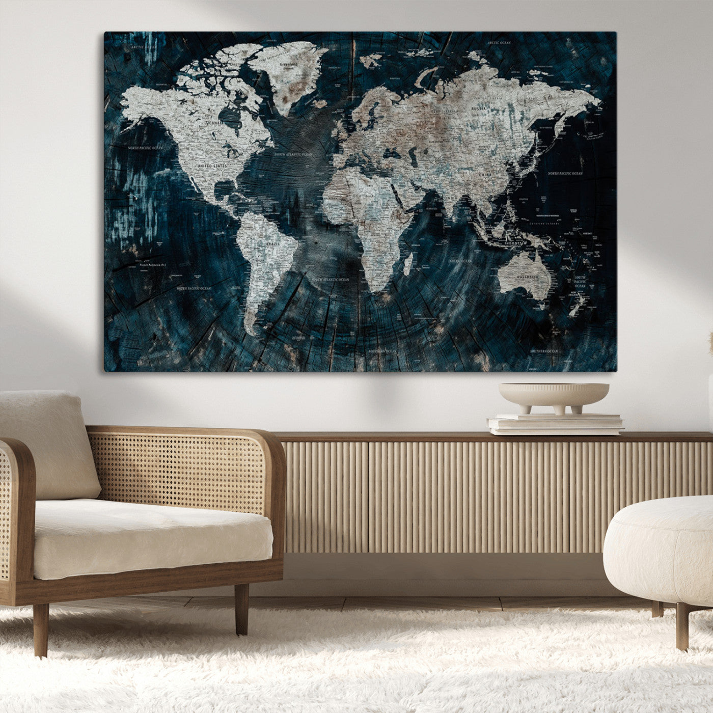 34425609-MGV-CV-36X24-World Map Wall Art – Rustic Navy and Grey Atlas Canvas Print, Distressed Explorer Map Artwork, Industrial Style Decor for Office,