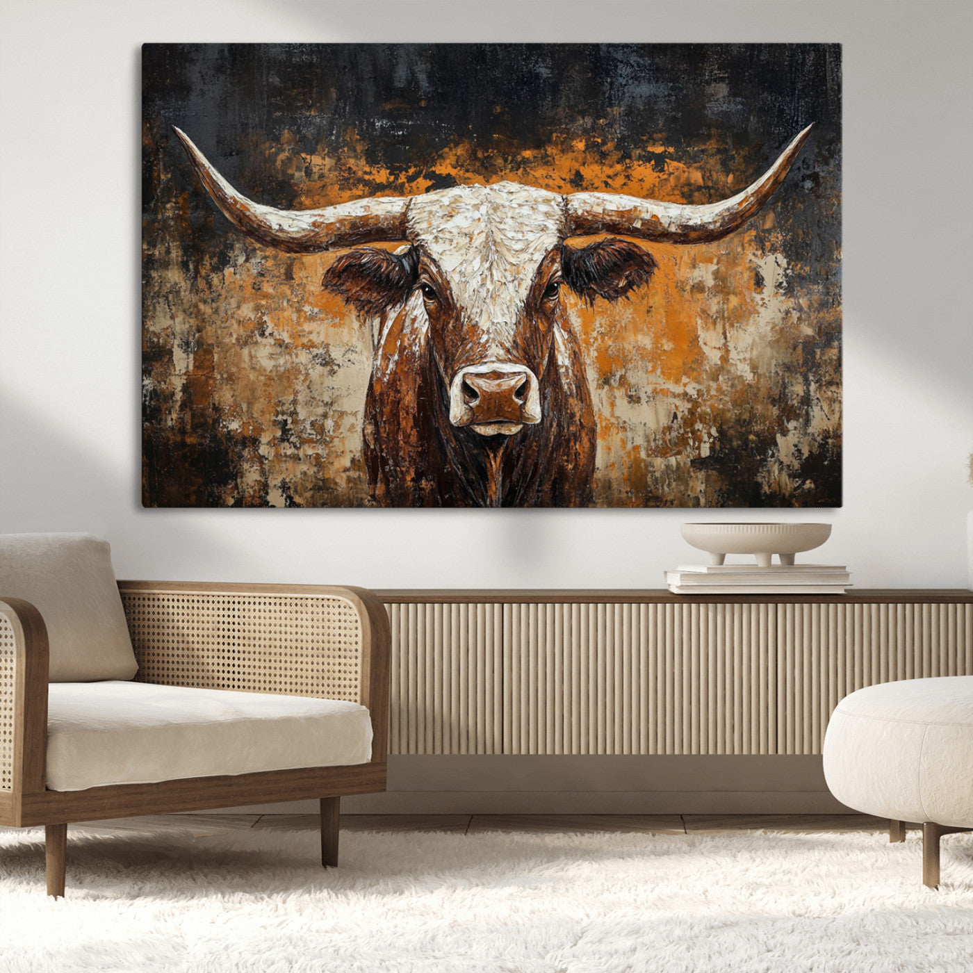 25265572-MGV-CV-36X24-Longhorn Bull Wall Art – Rustic Western Texas Steer Canvas Print, Textured Animal Painting for Home, Office, Man Cave or Farmhouse