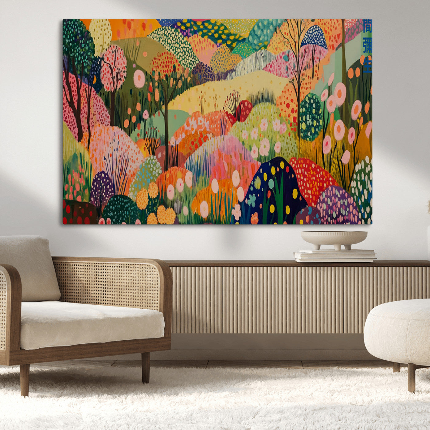 79636380-MGV-CV-36X24-Colorful Abstract Landscape Wall Art – Vibrant Hills and Flowers Canvas Print, Modern Whimsical Artwork for Living Room, Bedroom,