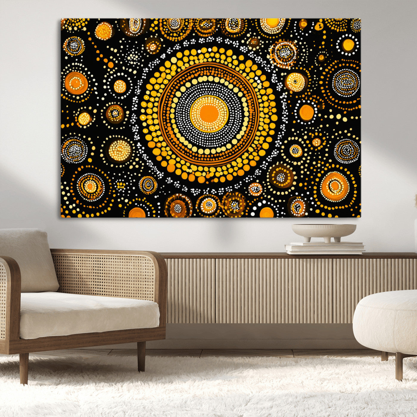 45478523-MGV-CV-36X24-Abstract Circle Wall Art – Bold Black and Gold Dot Painting Canvas Print, Modern Geometric Mandala Style Decor for Living Room or