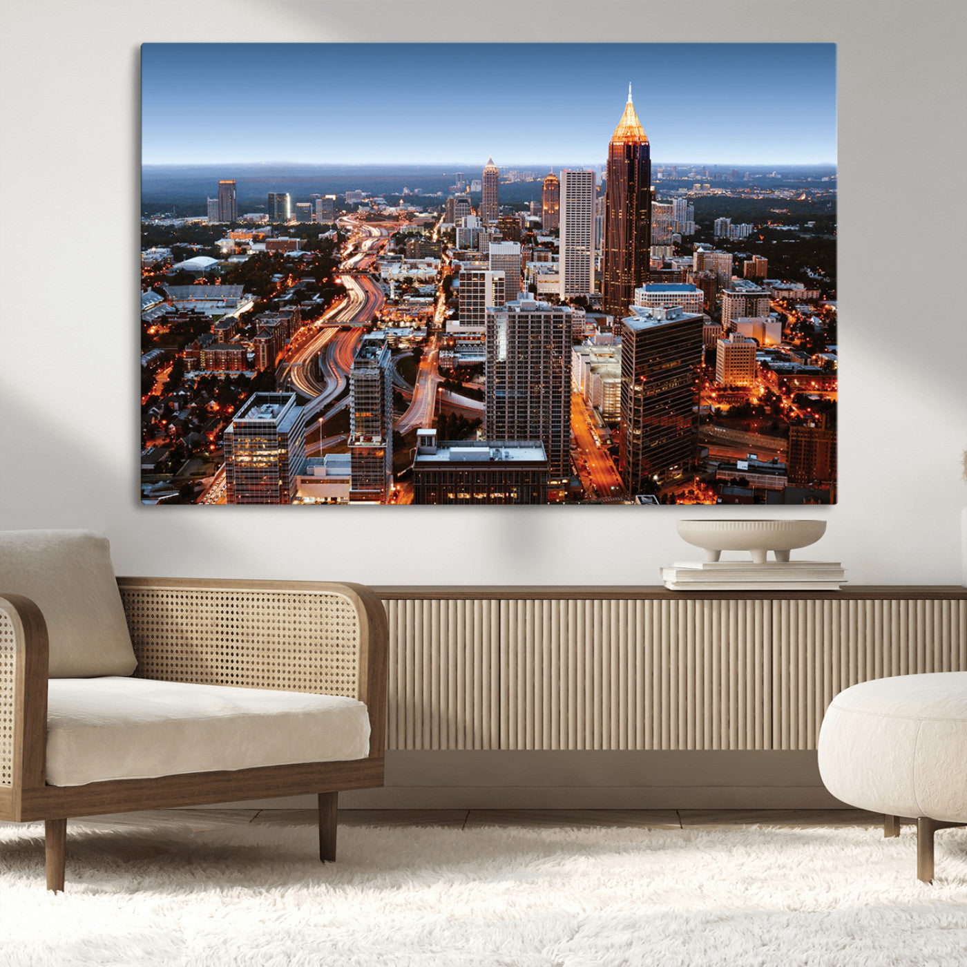 25096967-MGV-CV-36X24-Atlanta Skyline Wall Art – Vibrant Cityscape Canvas Print, Modern Night Lights Urban Decor for Office, Living Room, or Apartment