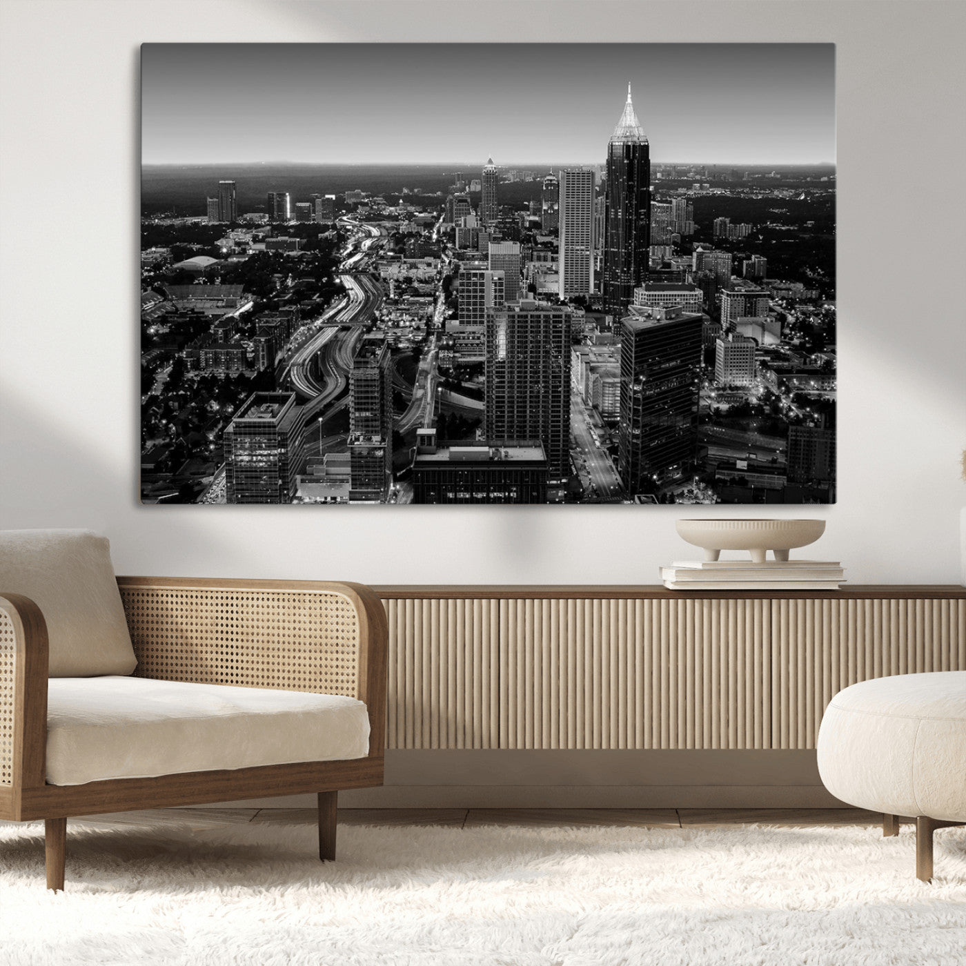 46578567-MGV-CV-36X24-Atlanta Skyline Wall Art – Black and White Cityscape Canvas Print, Modern Urban Night Decor for Office, Living Room, or Apartment
